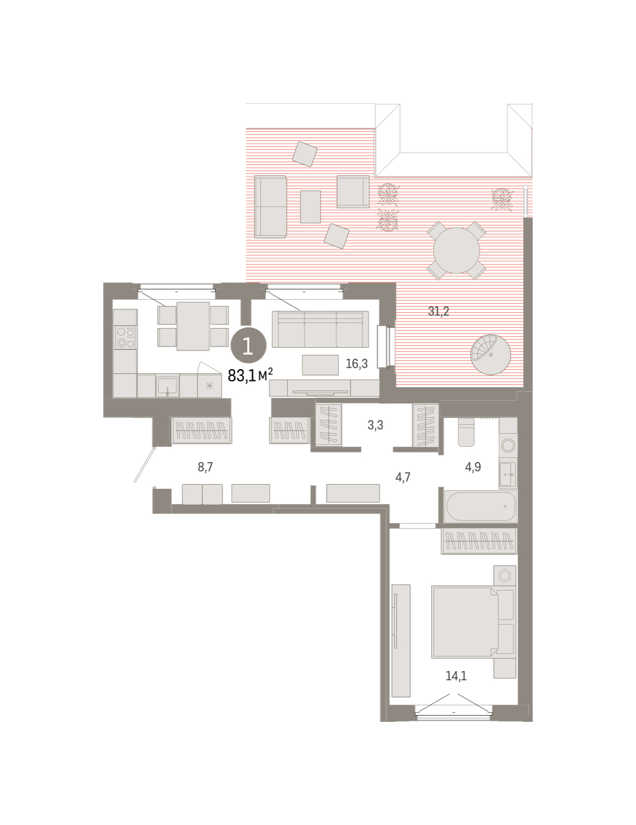 Планировка: 1-комнатная 96.3 м² в ЖК На Минской, Центр: Драмтеатр