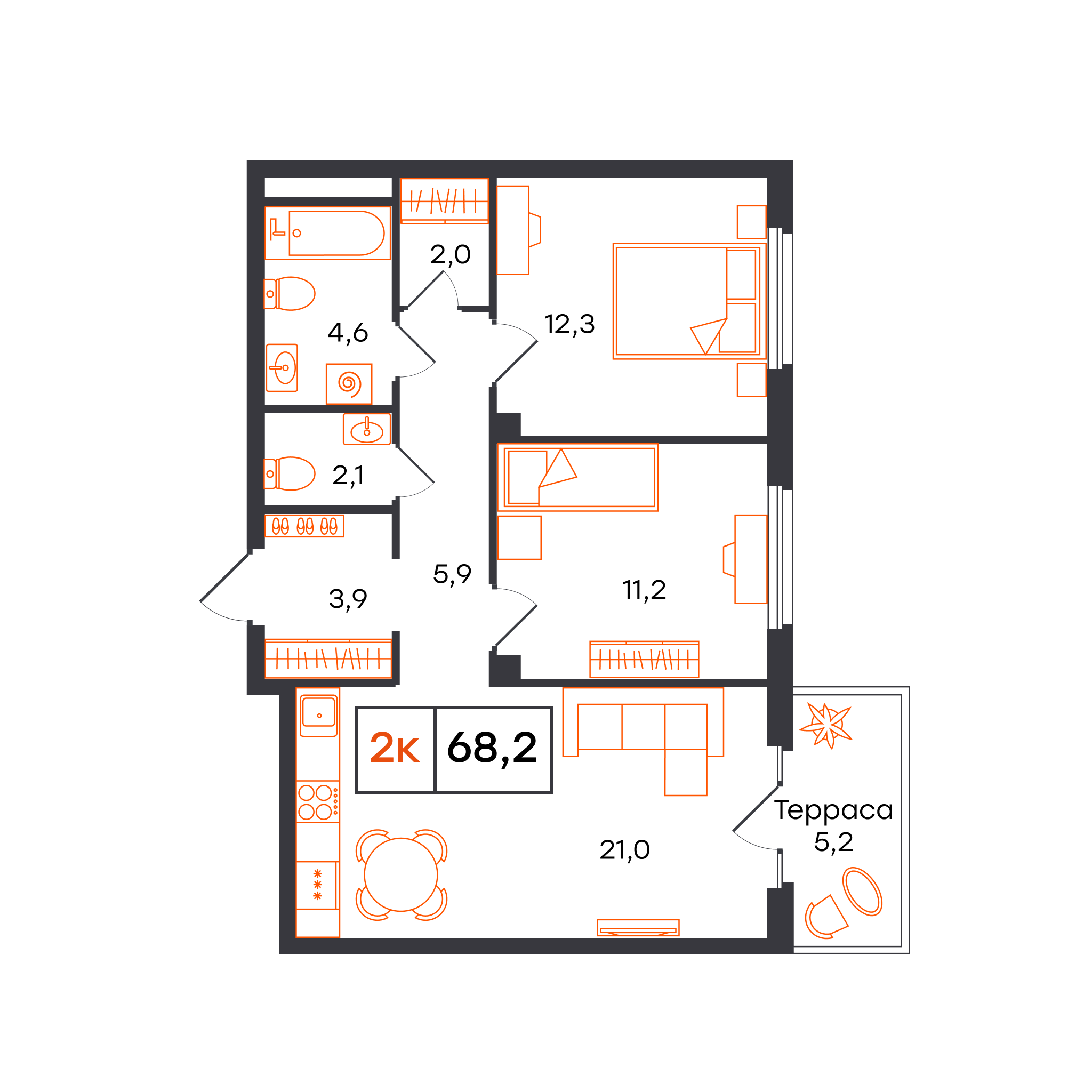 Планировка: Евротрешка 68.2 м² в ЖК Отличие, Комарово Парк