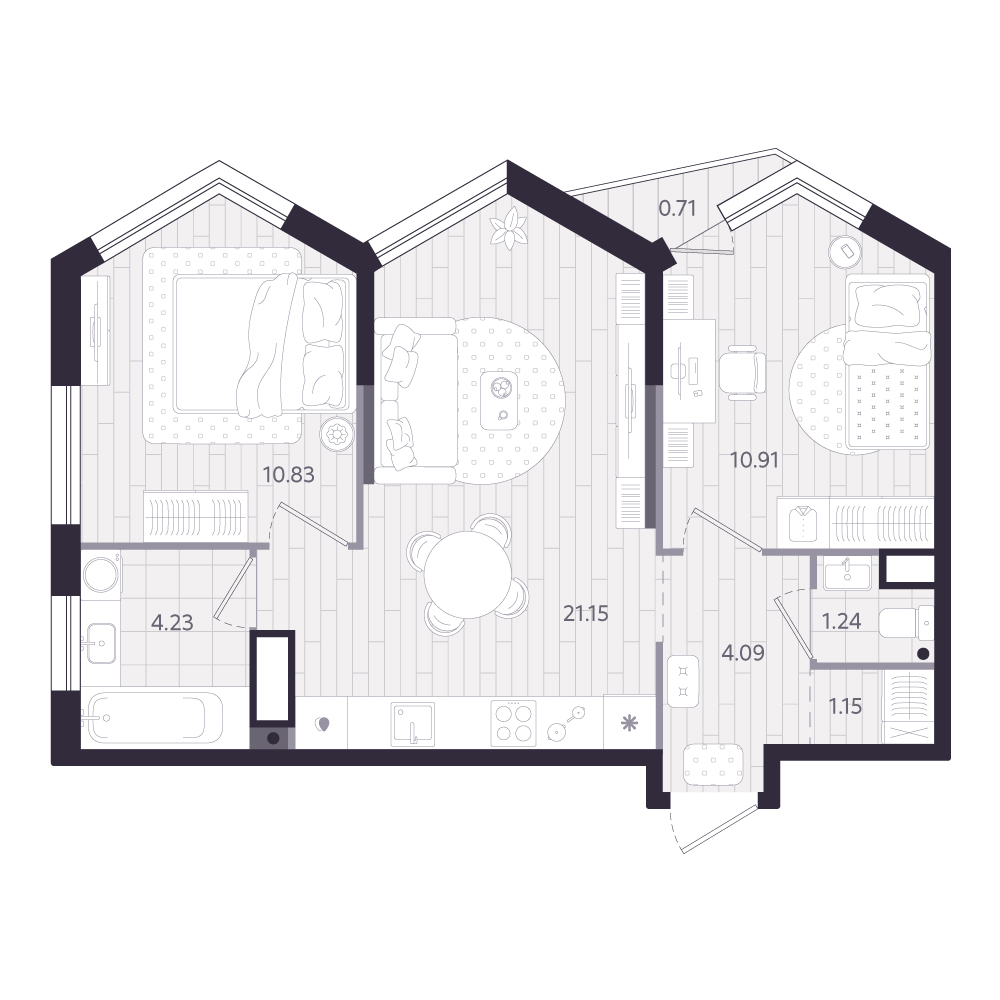 Планировка: Евротрешка 53.8 м² в ЖК Форсо, Зарека