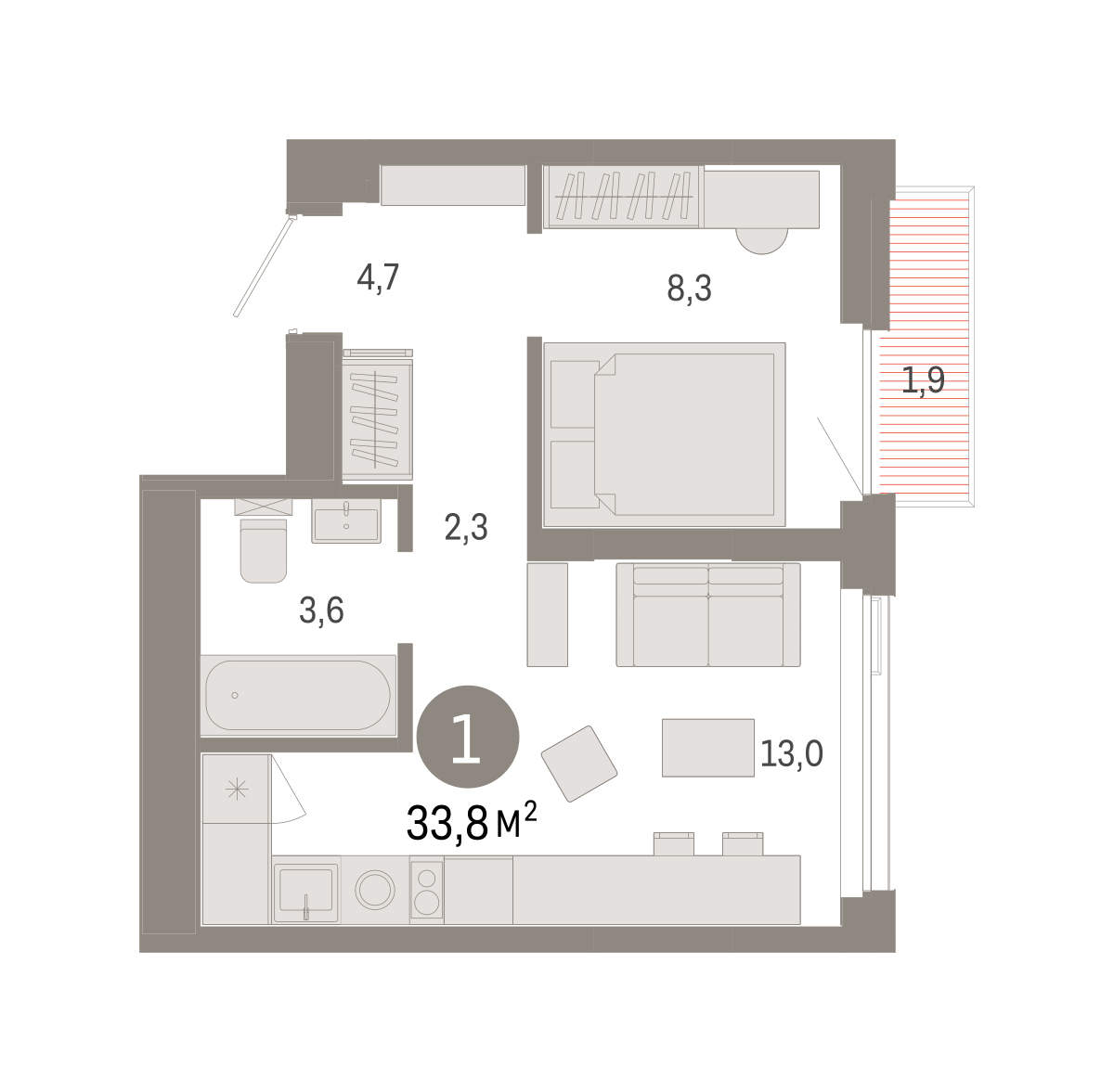 Планировка: Евродвушка 33.8 м² в ЖК Зарека, Заречный