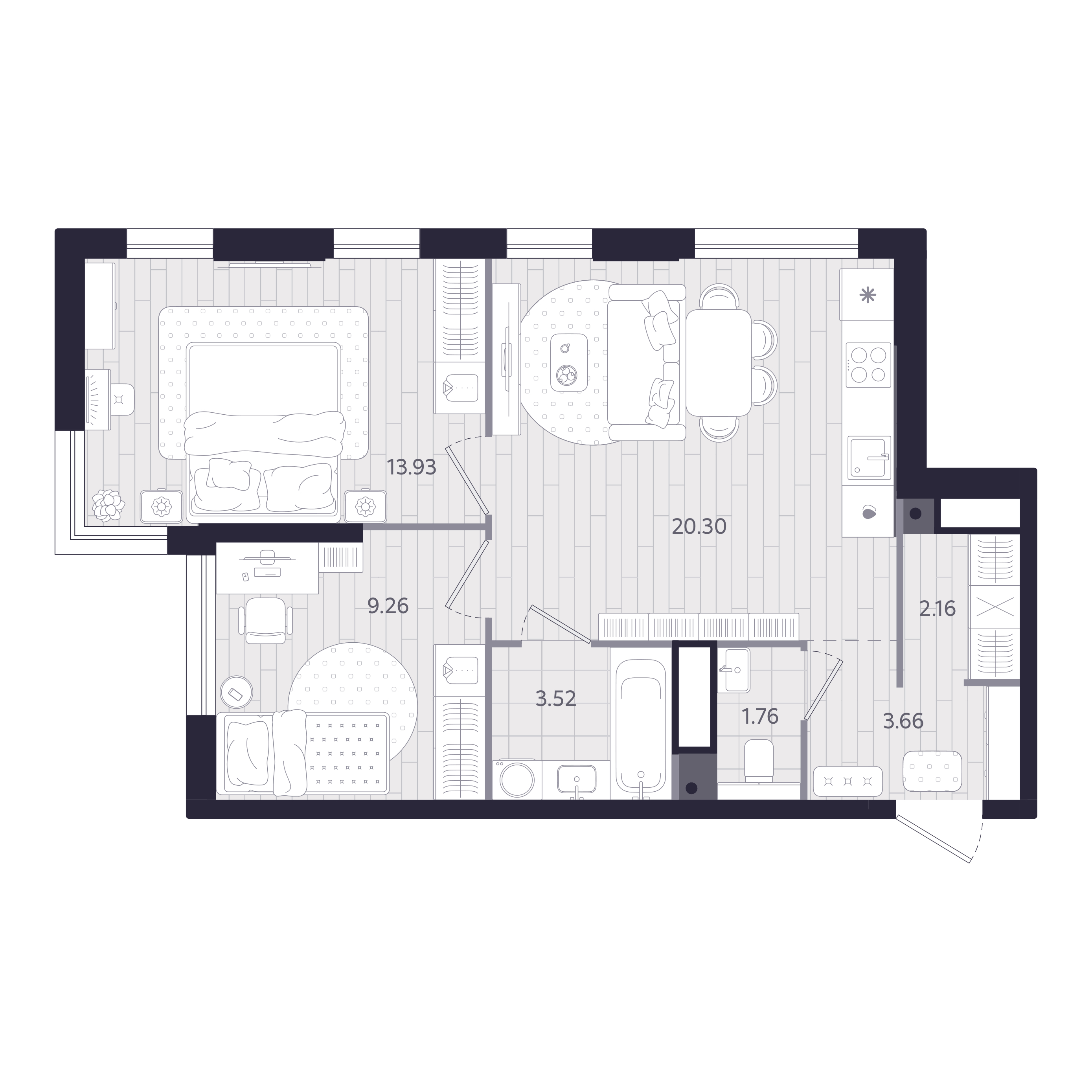 Планировка: Евротрешка 54.6 м² в ЖК Форсо, Зарека