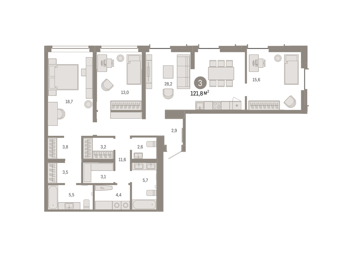 Планировка: 4-комнатная евро 121.8 м² в ЖК Республики 205, Центр: КПД