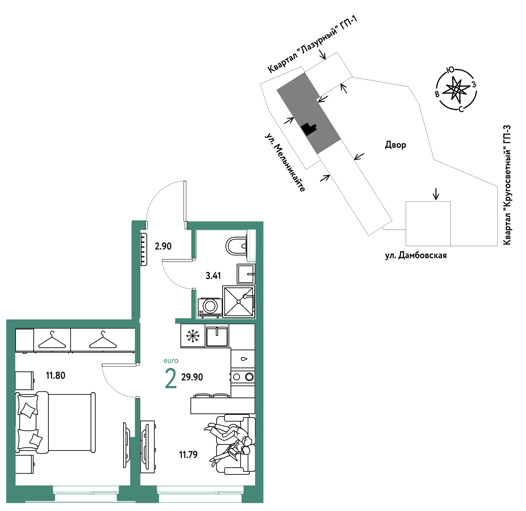 Планировка: Формат уточняется 29.9 м² в ЖК Страна. Прибрежная, Центр: Студгородок