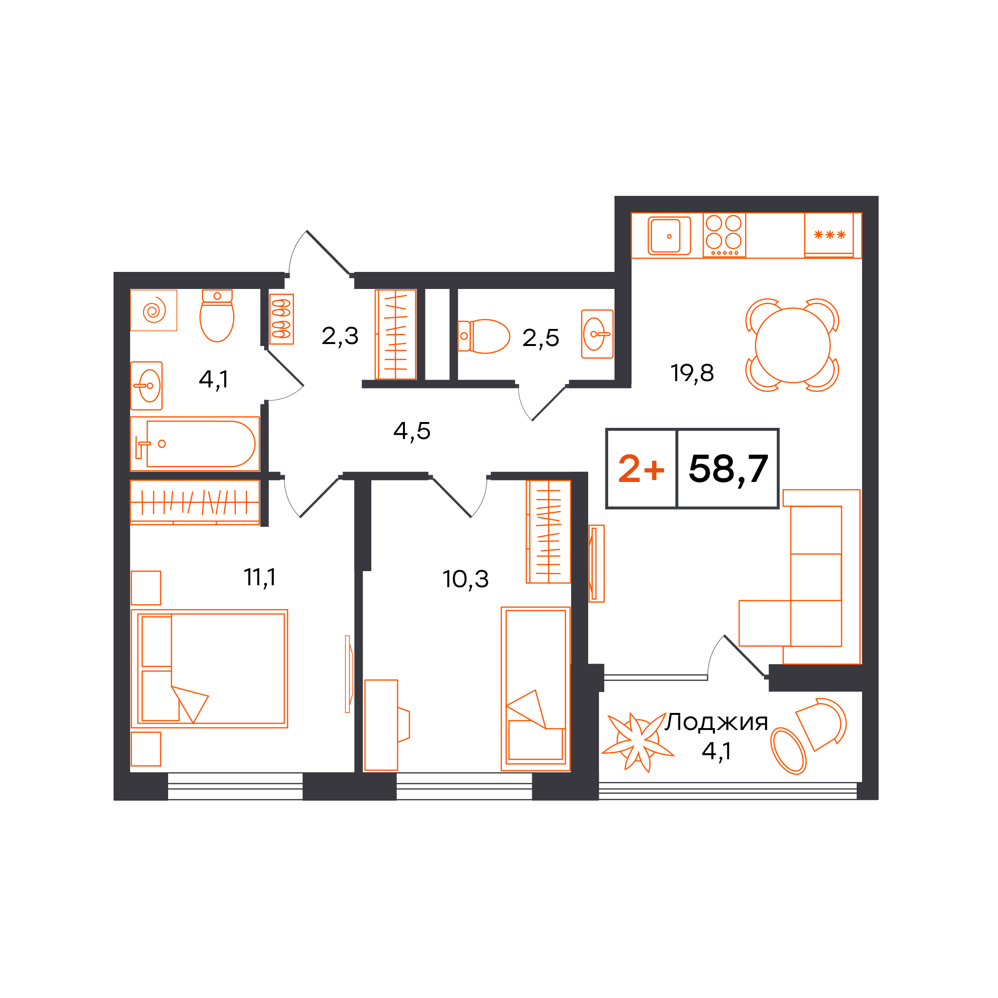 Планировка: Евротрешка 58.7 м² в ЖК Чемпионский, Чемпионский