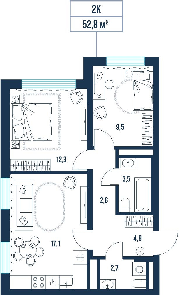 Планировка: Формат уточняется 52.8 м² в ЖК AIRIS, Комарово Парк
