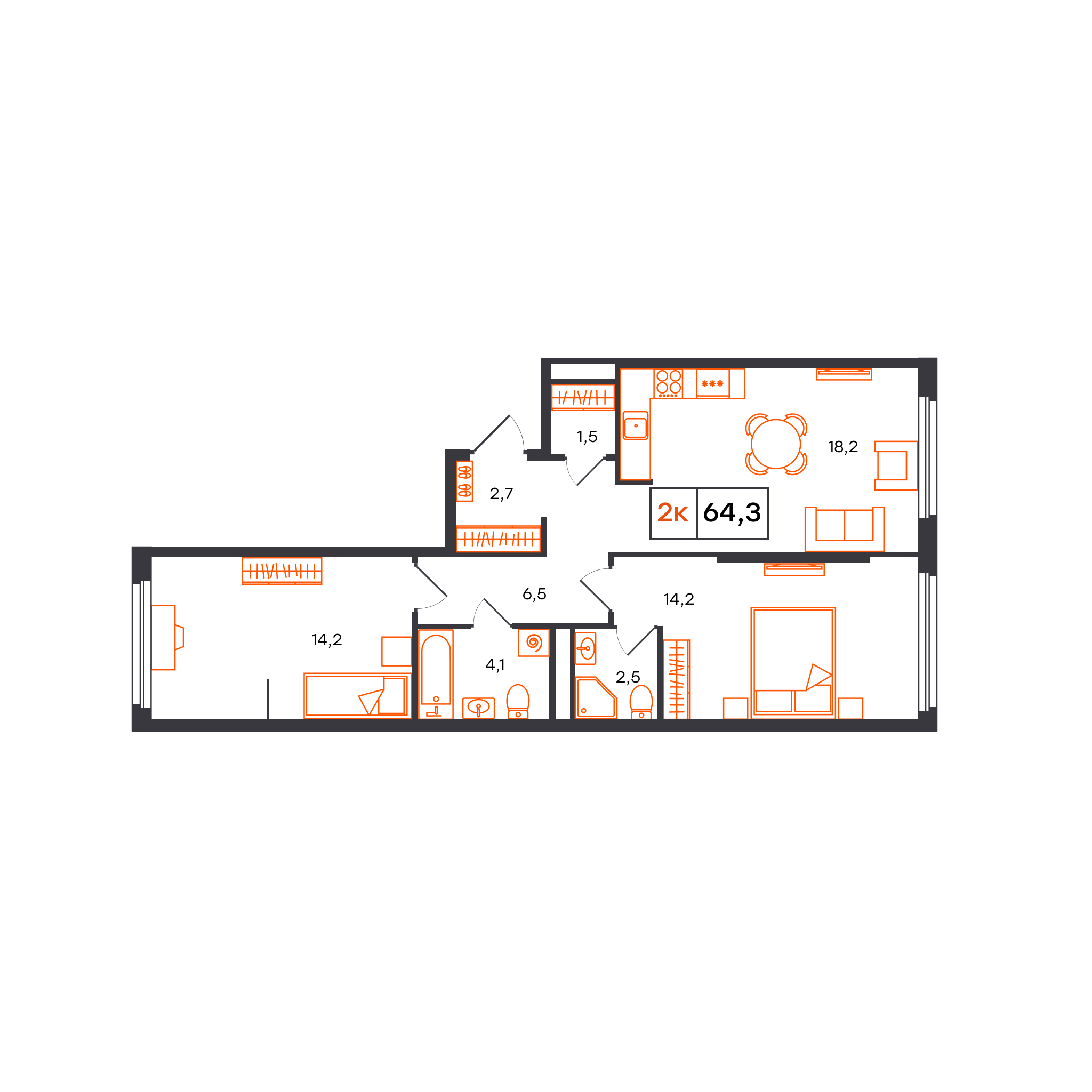 Планировка: Евротрешка 64.3 м² в ЖК Отличие, Комарово Парк