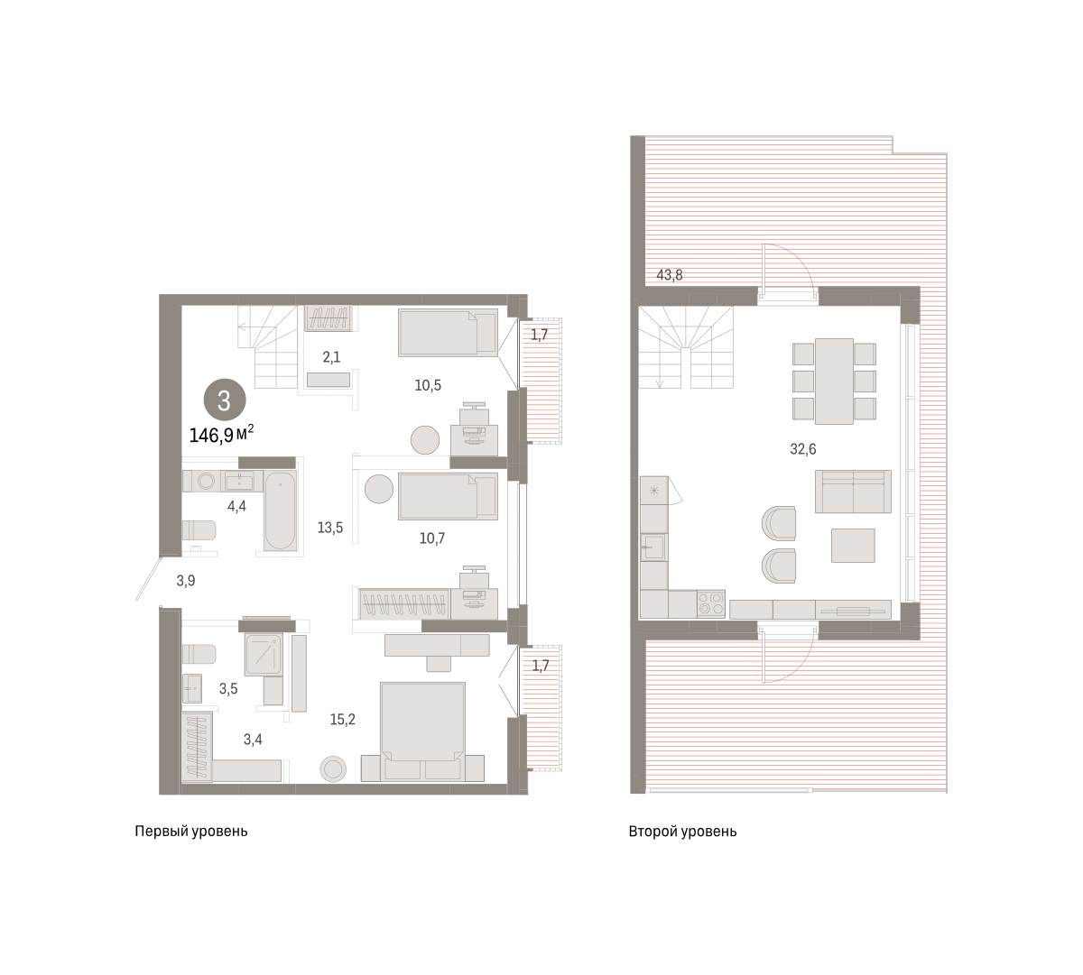 Планировка: 4-комнатная евро 146.9 м² в ЖК Республики 205, Центр: КПД