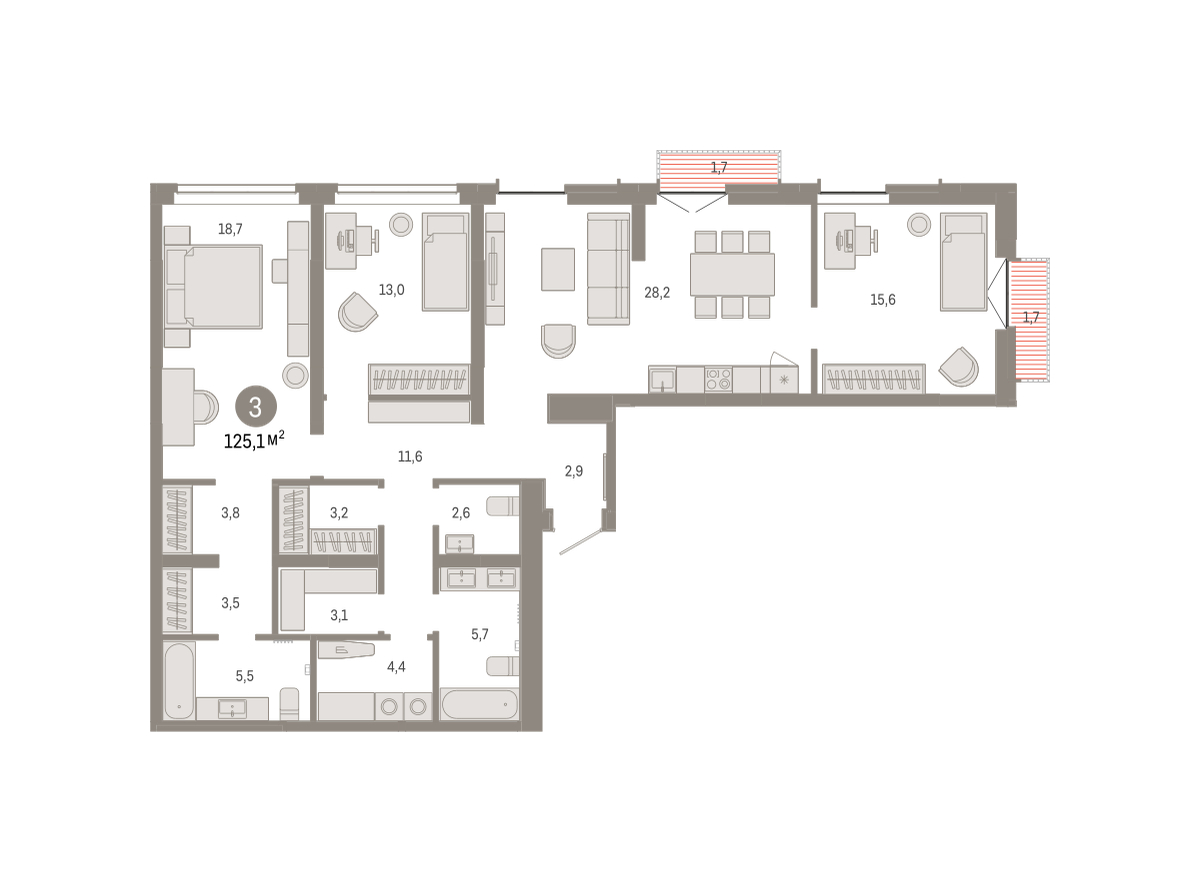 Планировка: 4-комнатная евро 125.1 м² в ЖК Республики 205, Центр: КПД