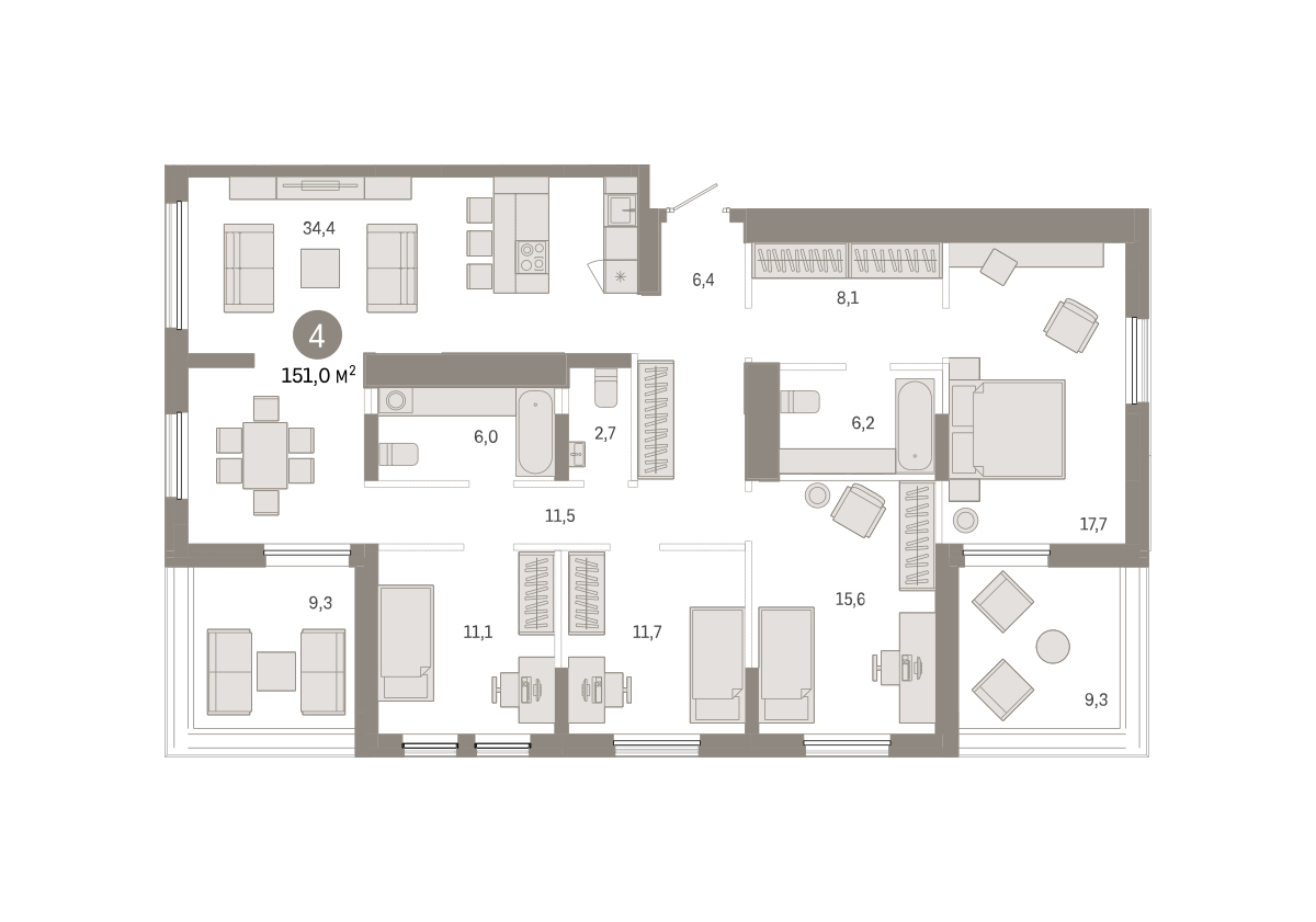 Планировка: 5-комнатная евро 151 м² в ЖК Республики 205, Центр: КПД
