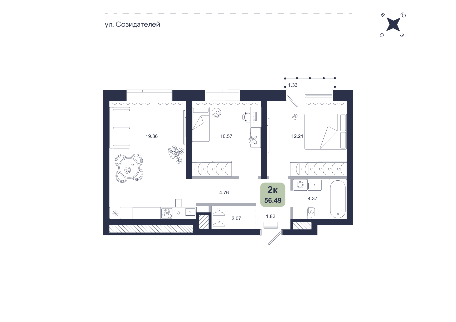 Планировка: Формат уточняется 56.5 м² в ЖК Хито, От Слободы до Комарово парк