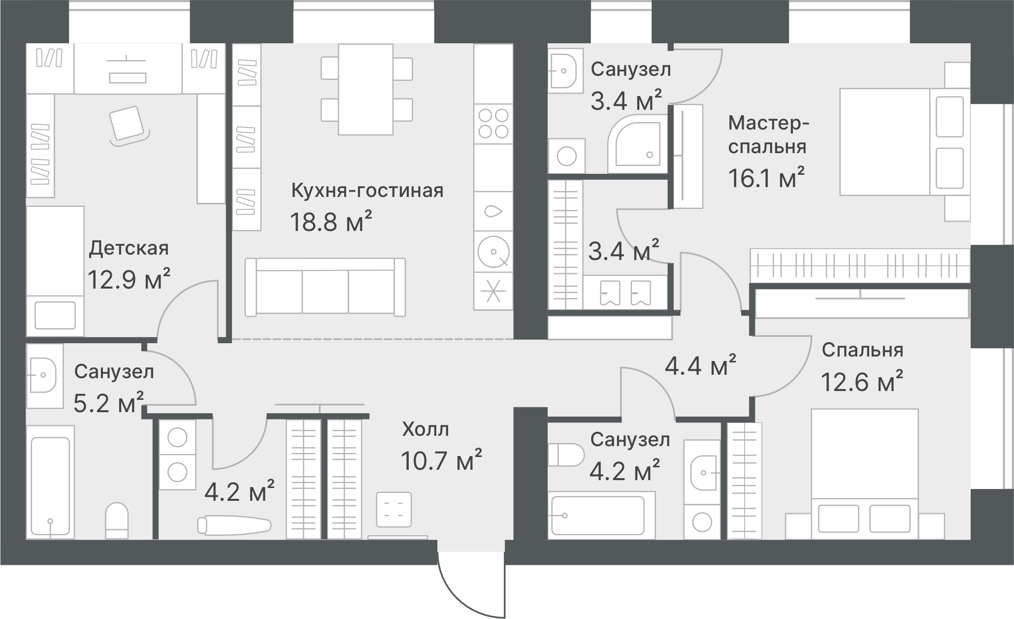 Планировка: 4-комнатная евро 95.9 м² в ЖК Дружеский, Плеханово