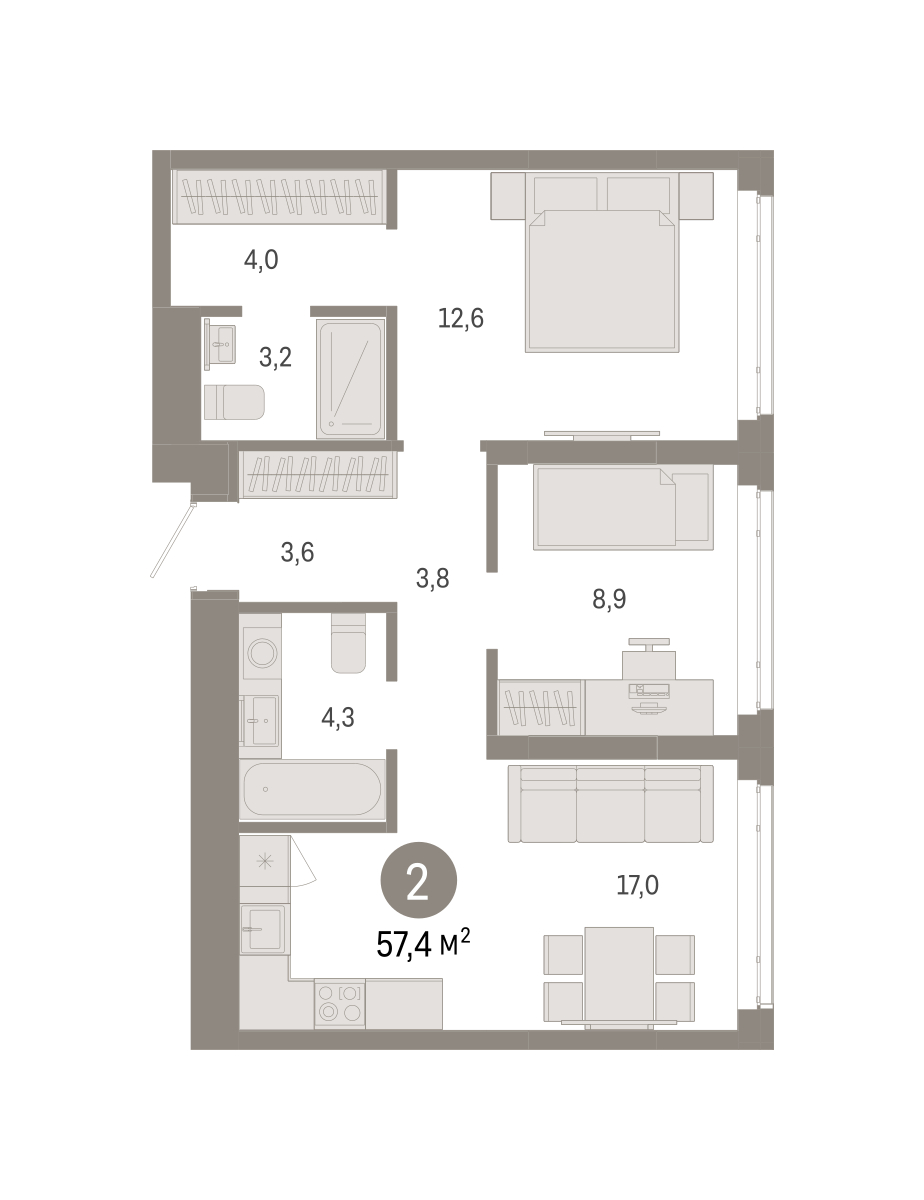 Планировка: Евротрешка 57.4 м² в ЖК Республики 205, Центр: КПД