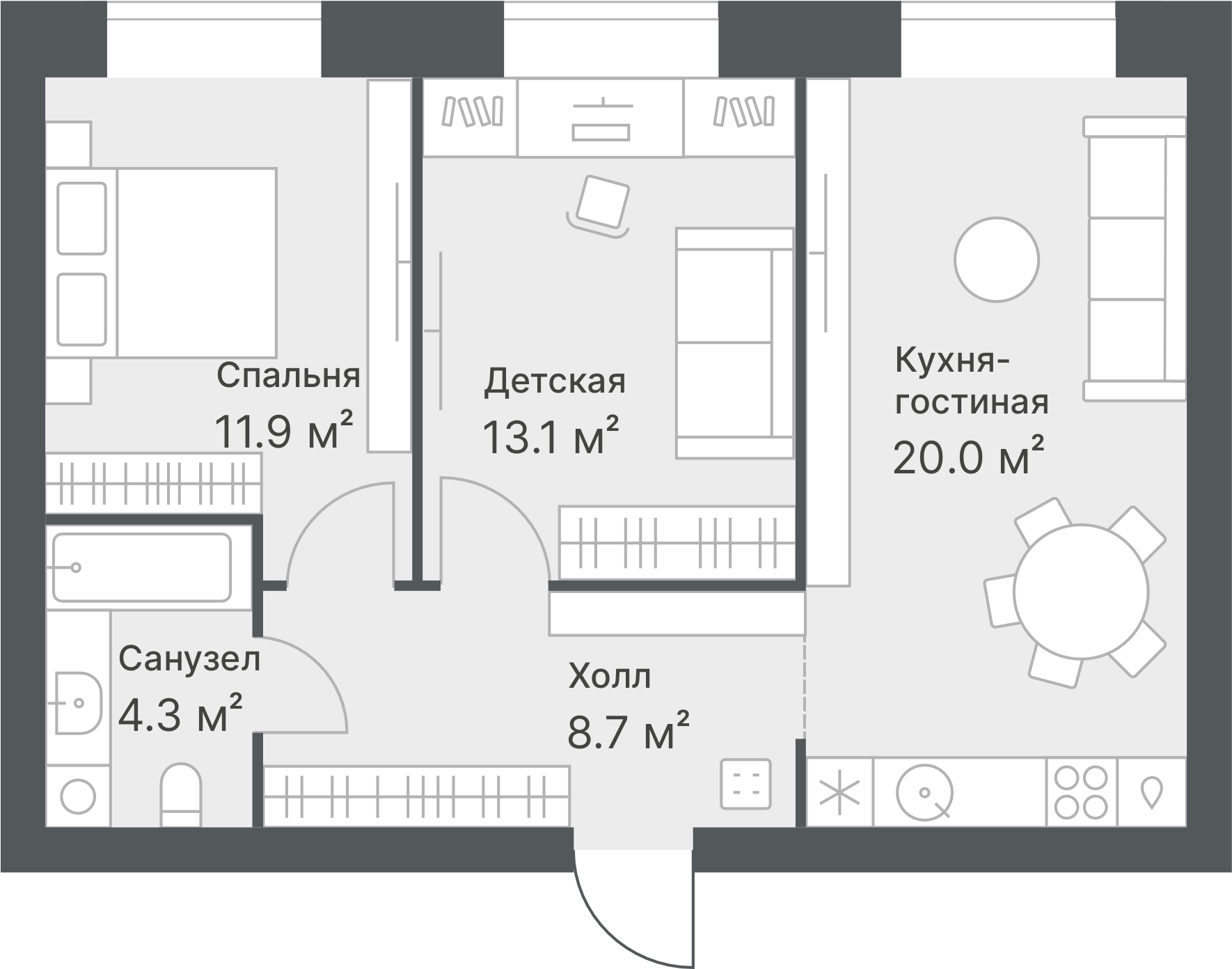 Планировка: Евротрешка 58 м² в ЖК Дружеский, Плеханово
