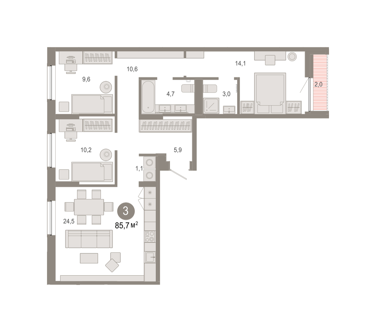 Планировка: 3-комнатная 85.7 м² в ЖК Октябрьский на Туре, ДОК
