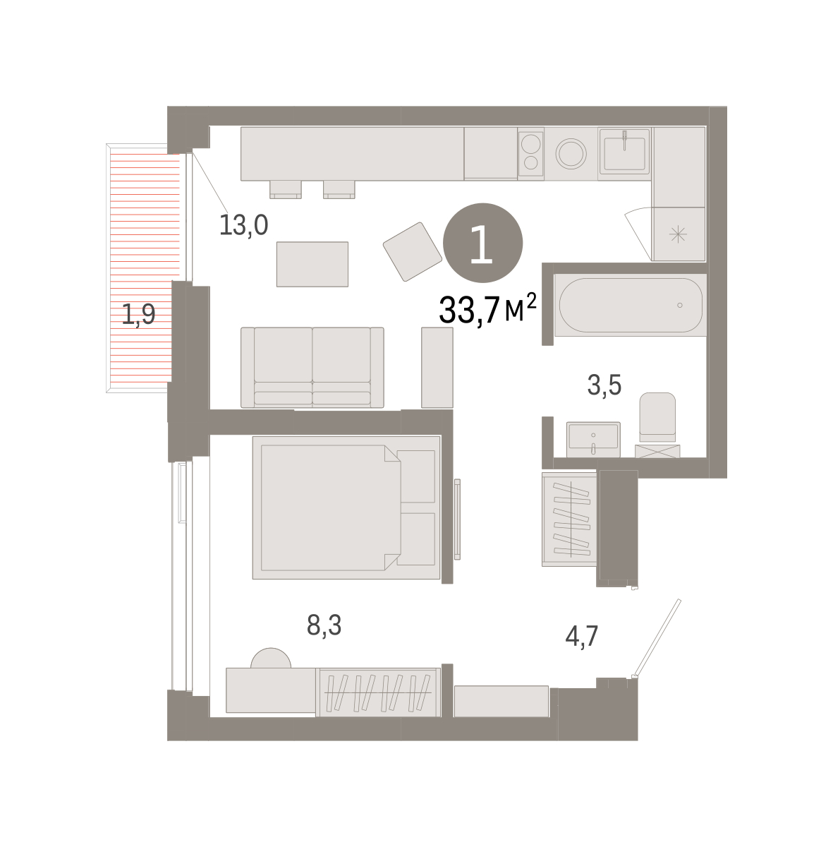 Планировка: Евродвушка 33.7 м² в ЖК Зарека, Заречный