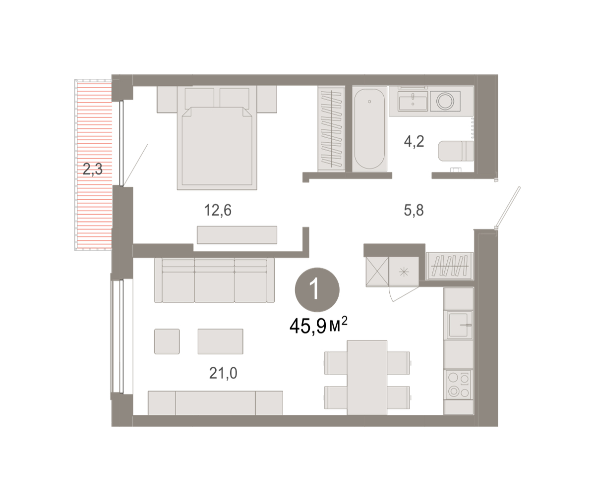 Планировка: Евродвушка 45.9 м² в ЖК Октябрьский на Туре, ДОК