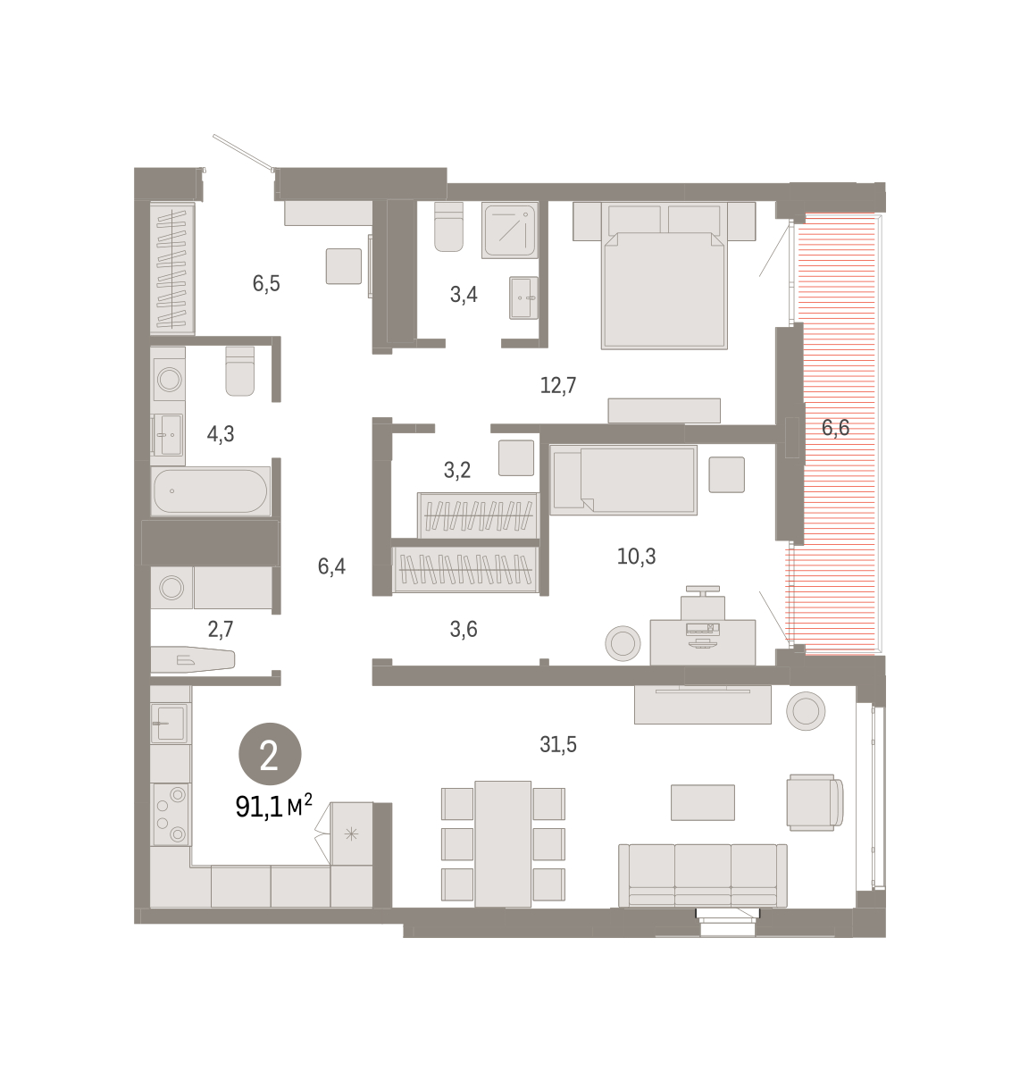 Планировка: Евротрешка 91.1 м² в ЖК Республики 205, Центр: КПД