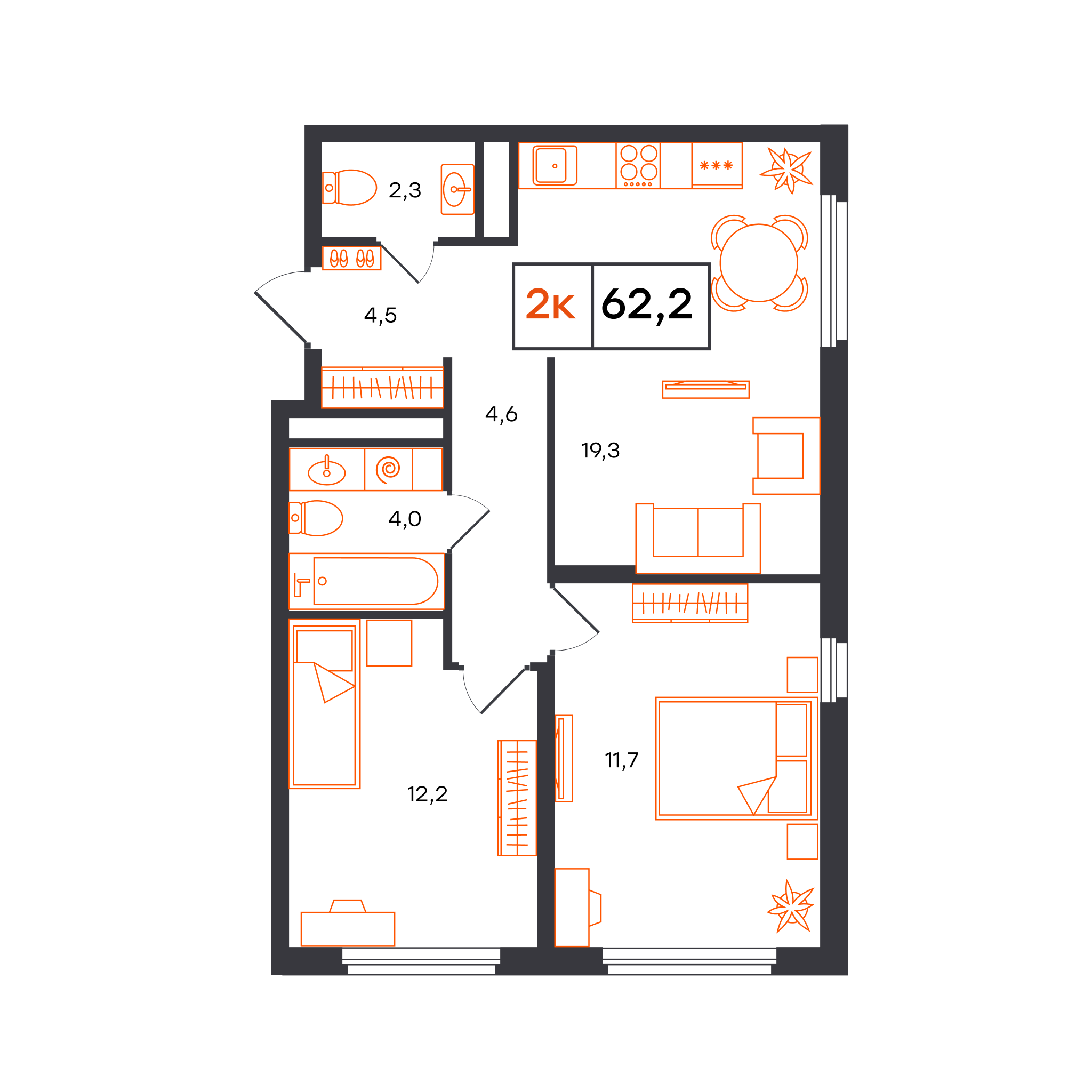 Планировка: Евротрешка 62.2 м² в ЖК Отличие, Комарово Парк