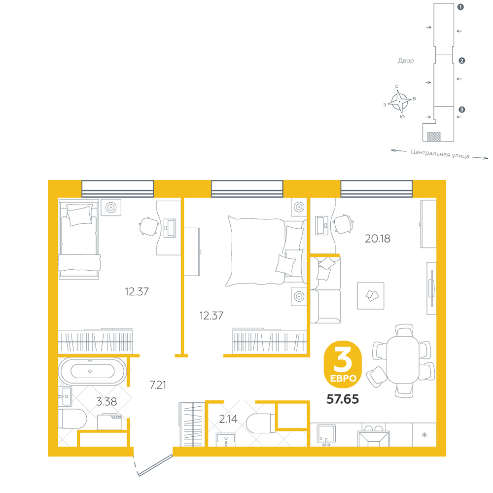 Планировка: Формат уточняется 57.6 м² в ЖК Крылья, Область