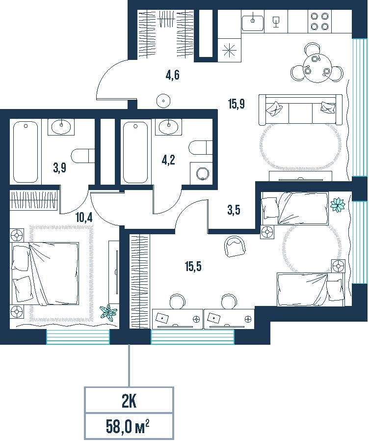 Планировка: Формат уточняется 58 м² в ЖК AIRIS, Комарово Парк