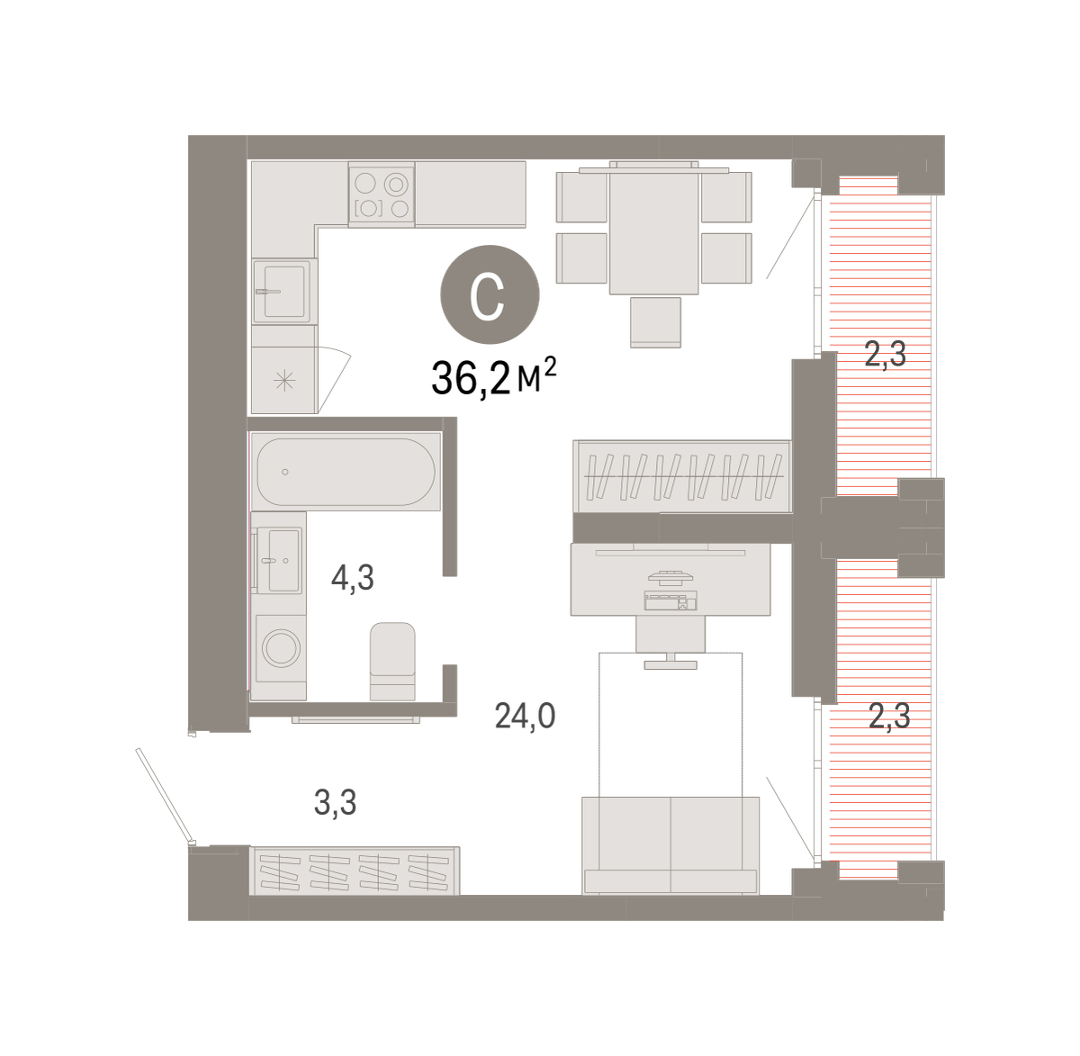 Планировка: Студия 36.2 м² в ЖК Республики 205, Центр: КПД