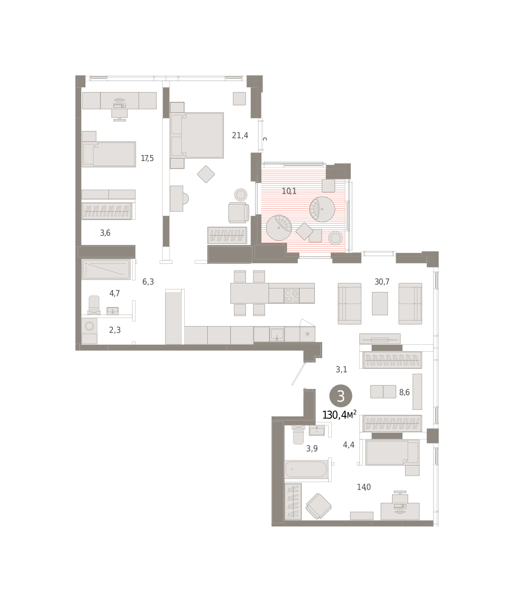 Планировка: 4-комнатная евро 130.4 м² в ЖК Зарека, Заречный