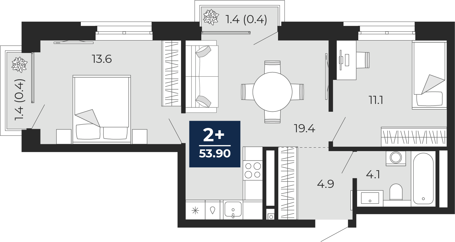 Планировка: Евротрешка 53.1 м² в ЖК Мириады, Мыс