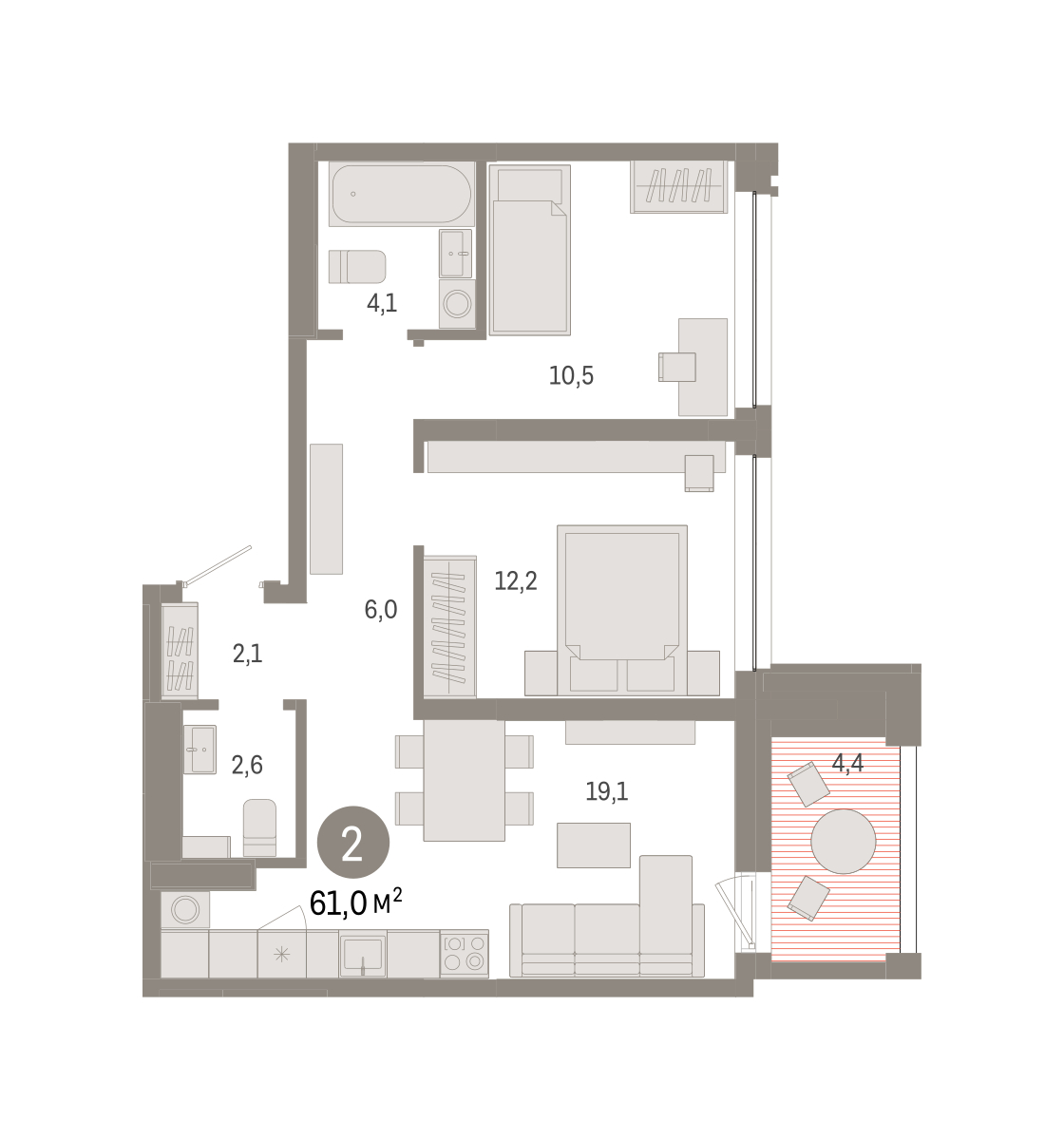 Планировка: Евротрешка 61 м² в ЖК Дом у озера, Европейский