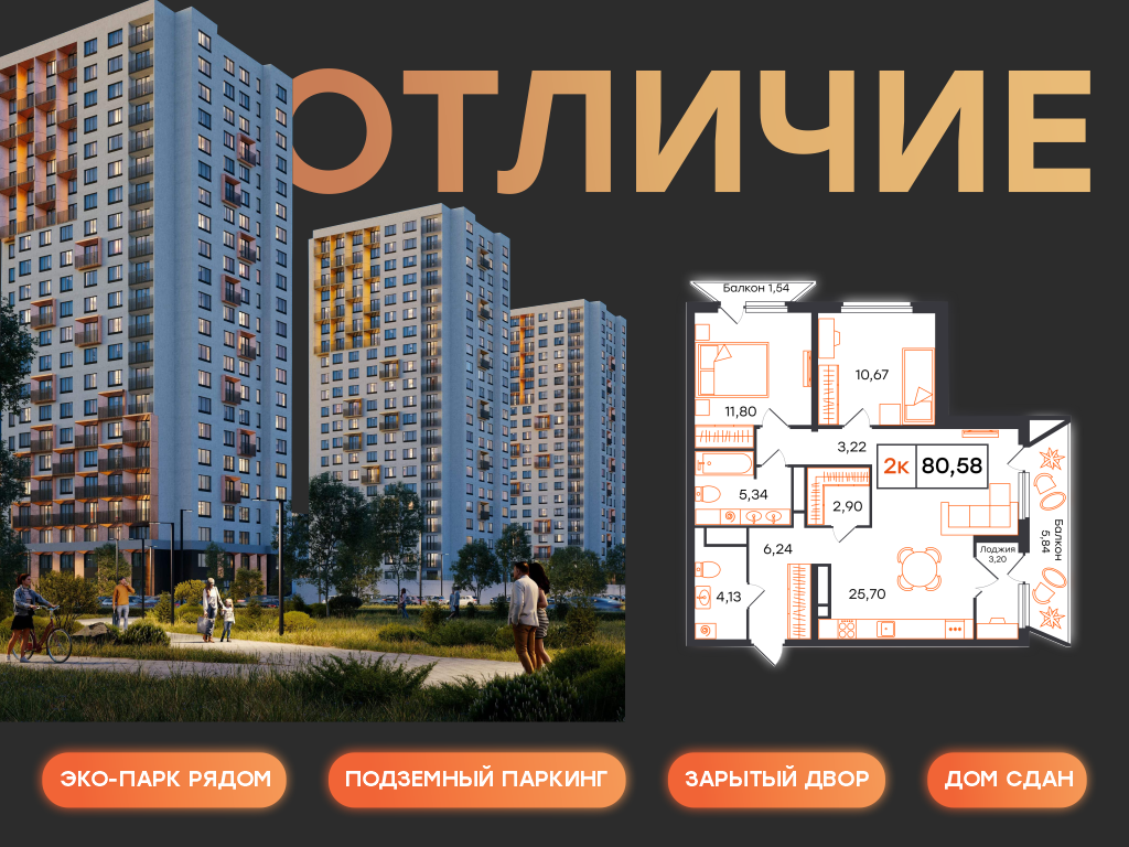 Планировка: Формат уточняется 80.6 м² в ЖК Отличие, Комарово Парк