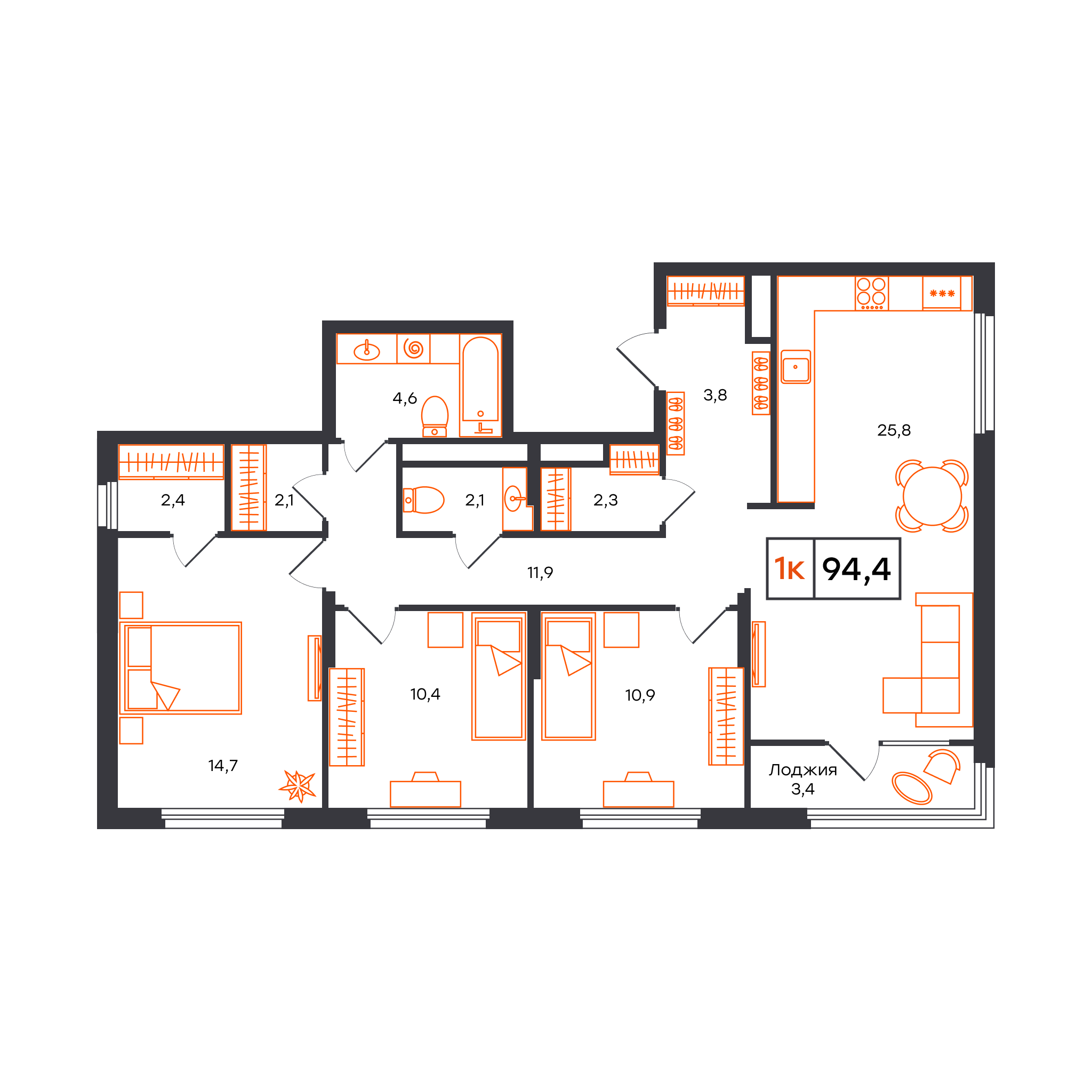 Планировка: 4-комнатная евро 94.4 м² в ЖК Отличие, Комарово Парк