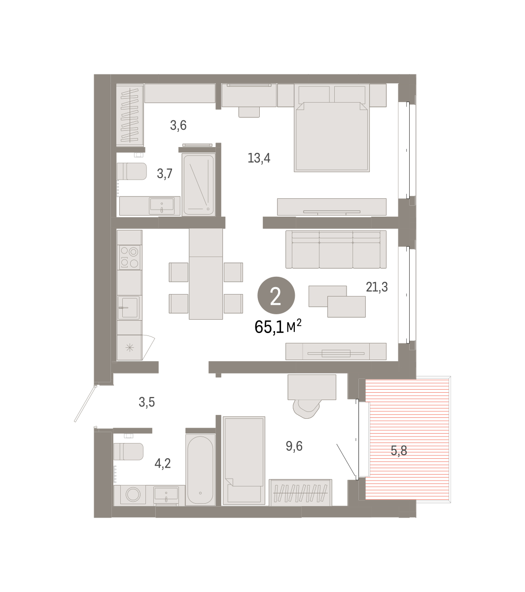 Планировка: Евротрешка 65.1 м² в ЖК На Минской, Центр: Драмтеатр