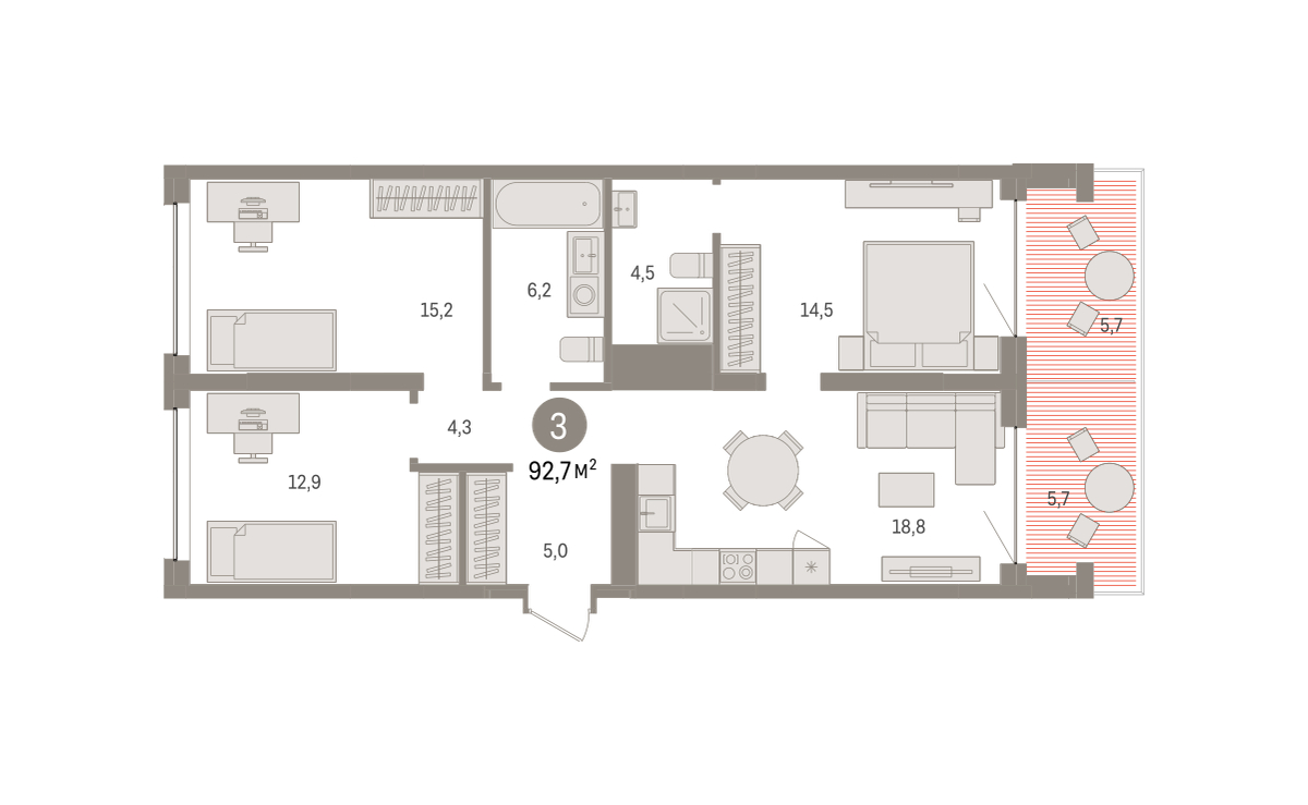 Планировка: 4-комнатная евро 92.7 м² в ЖК Дом у озера, Европейский