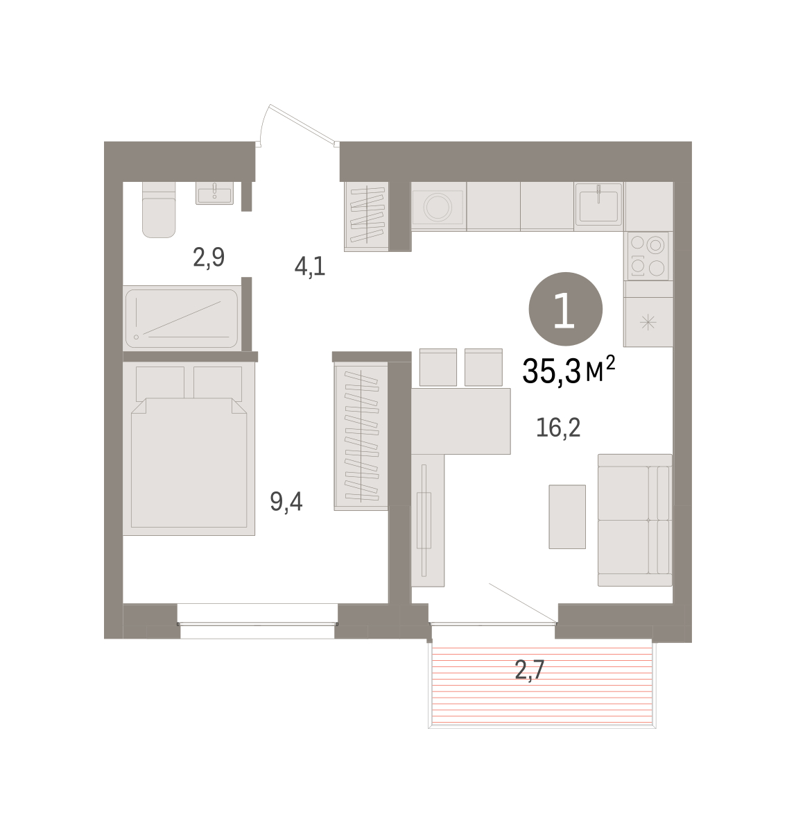 Планировка: Евродвушка 35.3 м² в ЖК Речной порт, Центр: Дом печати