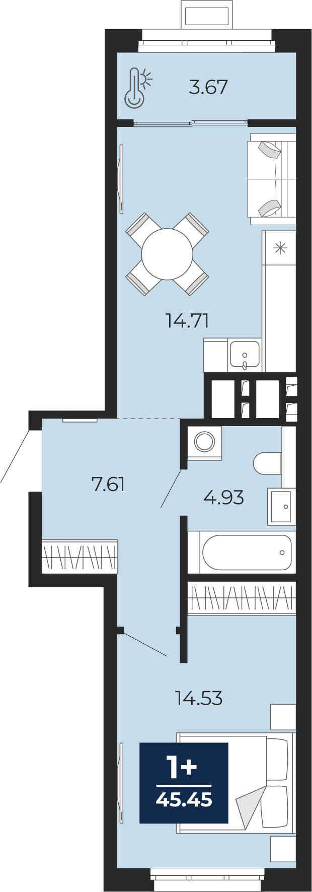 Планировка: Евродвушка 45.5 м² в ЖК Беринг, Лесобаза
