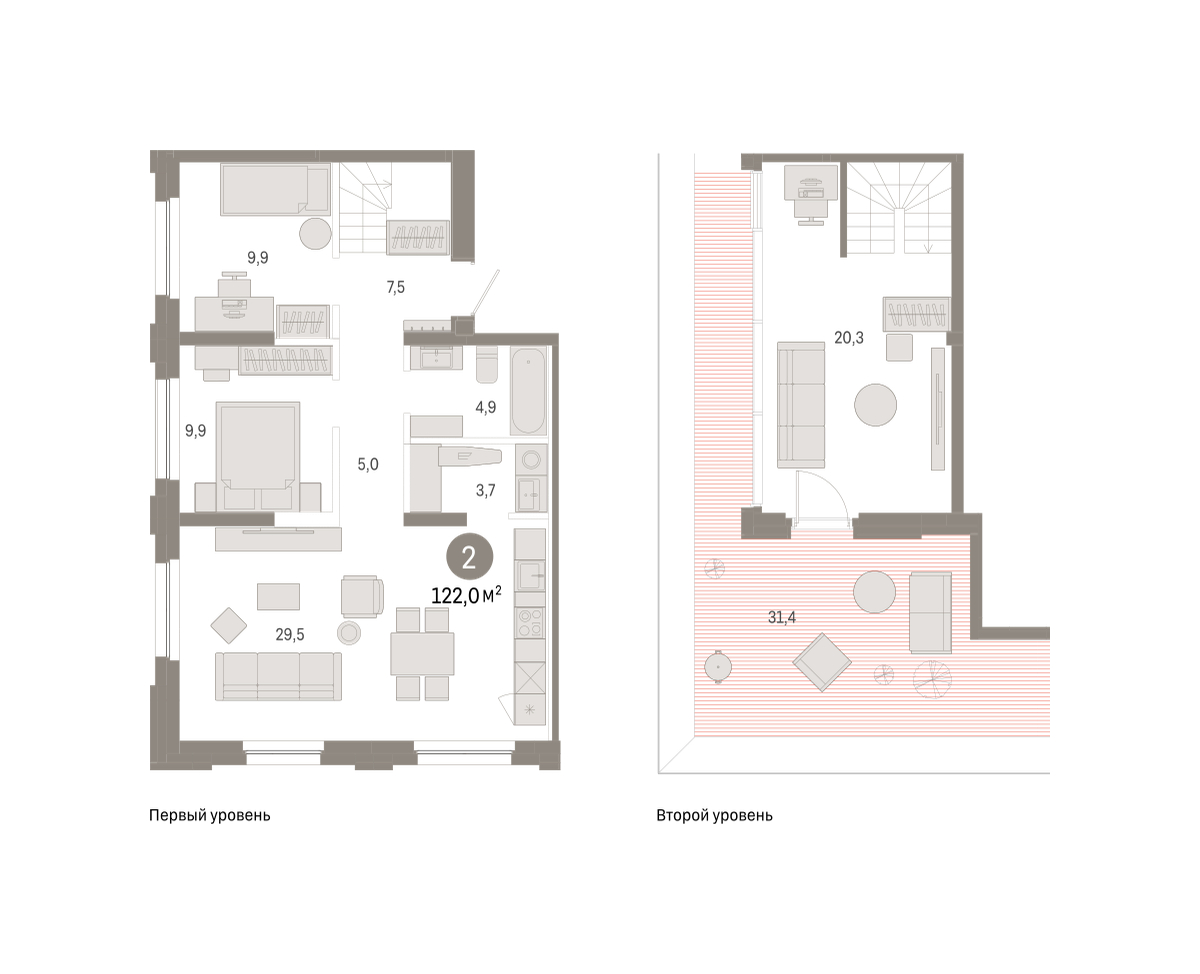 Планировка: 2-комнатная 122 м² в ЖК Зарека, Заречный