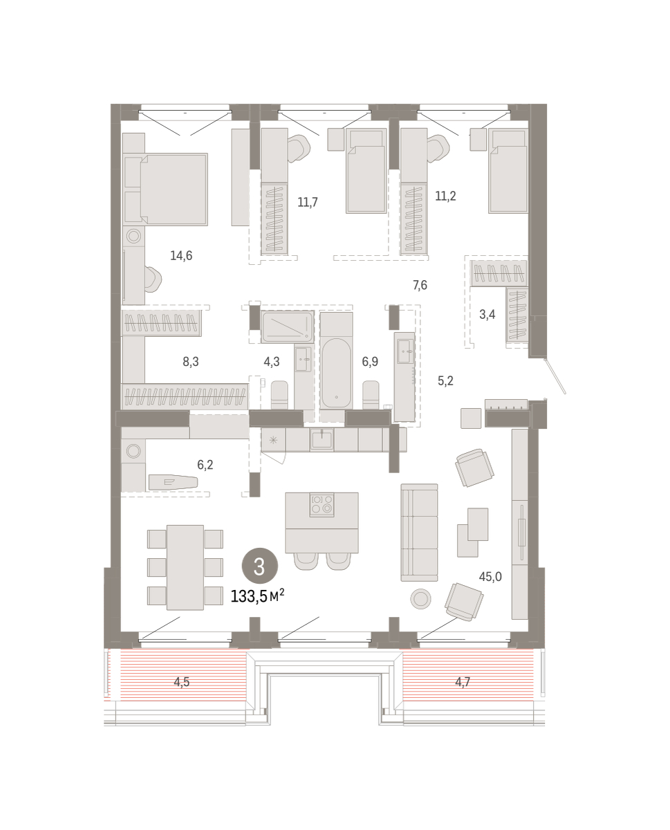 Планировка: 4-комнатная евро 133.5 м² в ЖК На Минской, Центр: Драмтеатр