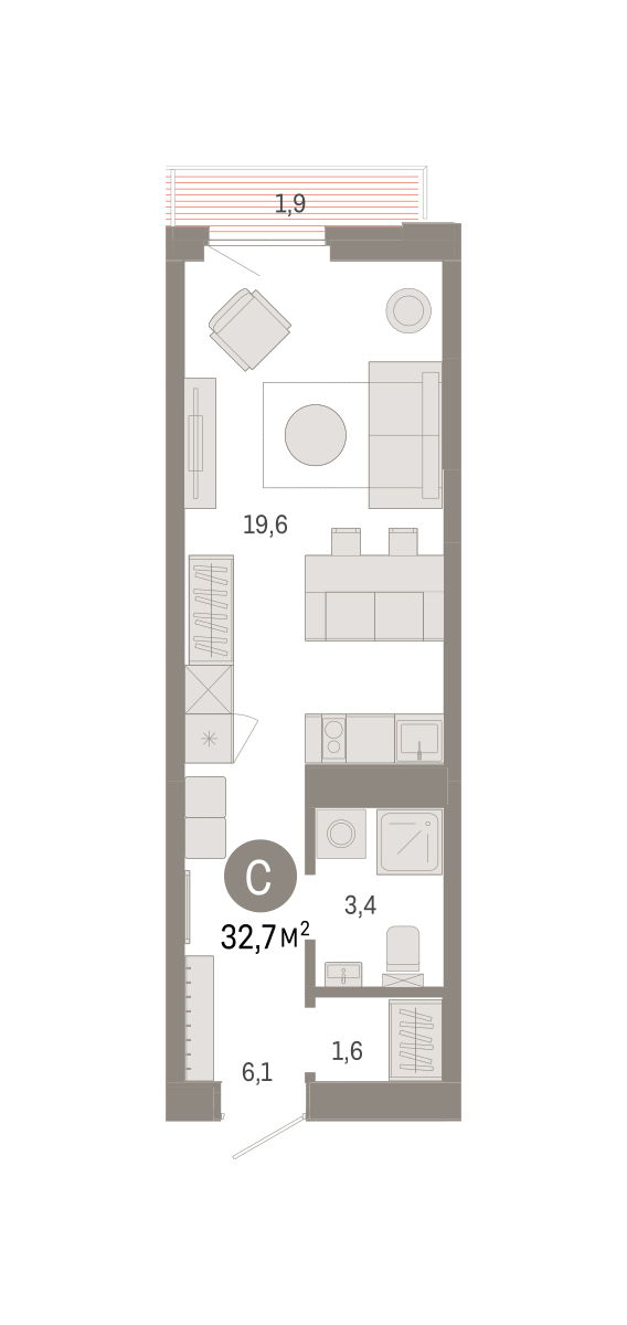 Планировка: Студия 32.7 м² в ЖК Зарека, Заречный