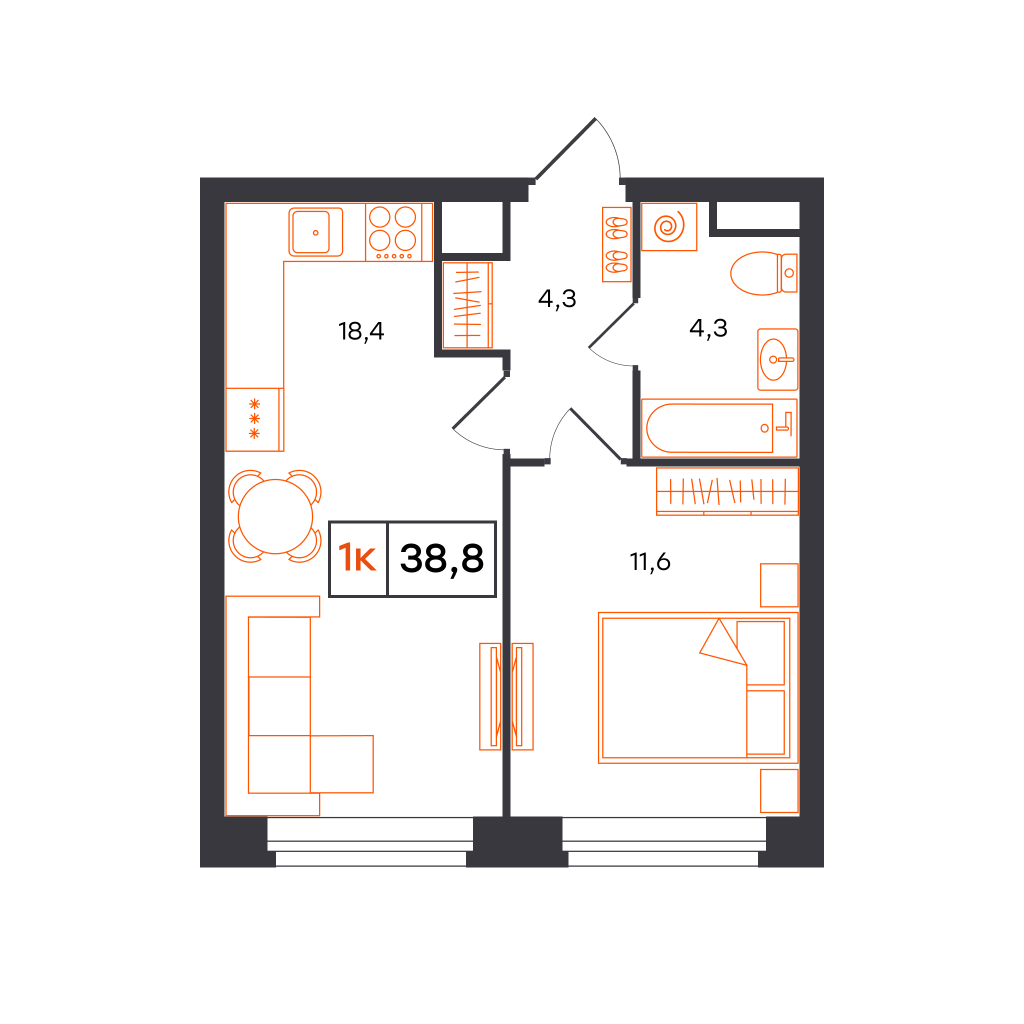 Планировка: Евродвушка 38.8 м² в ЖК Отличие, Комарово Парк