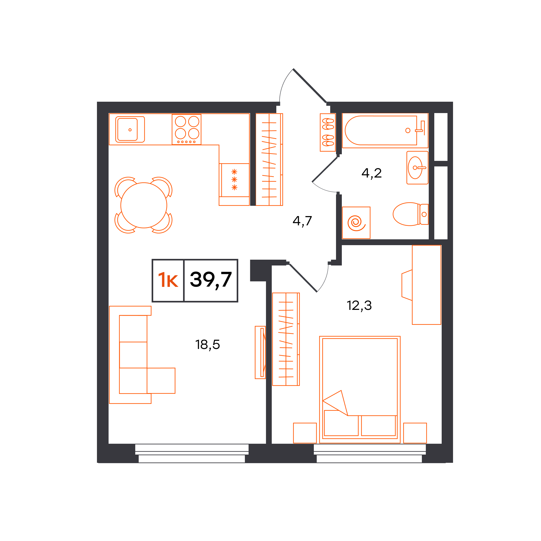 Планировка: Евродвушка 39.7 м² в ЖК Отличие, Комарово Парк