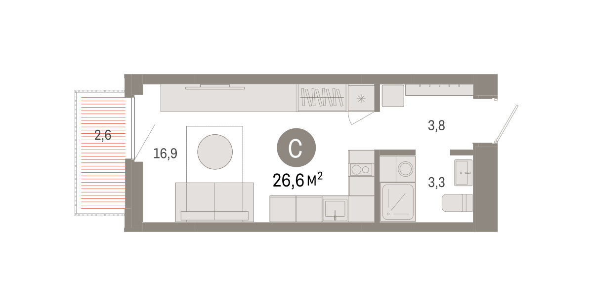 Планировка: Студия 26.6 м² в ЖК Зарека, Заречный