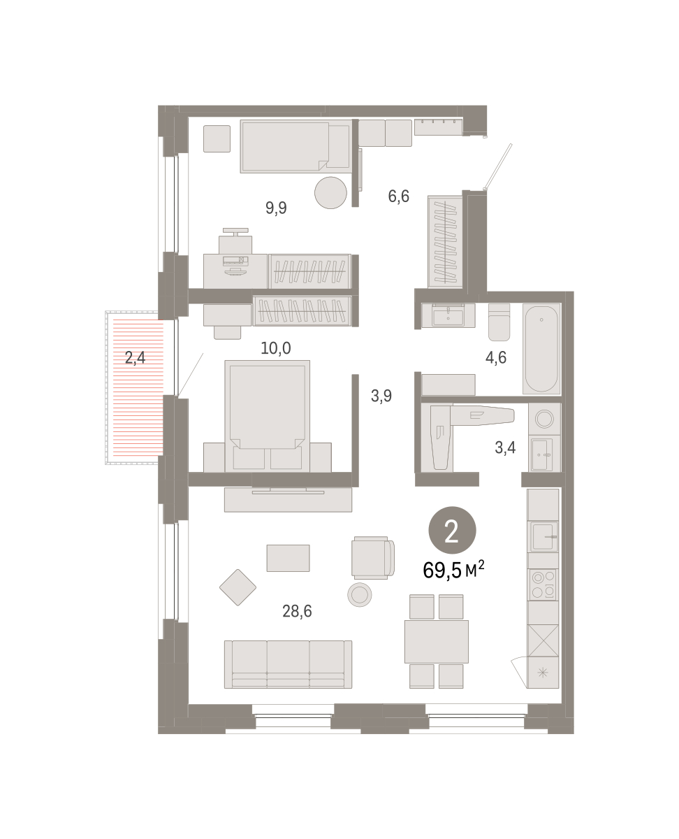 Планировка: 2-комнатная 69.5 м² в ЖК Зарека, Заречный