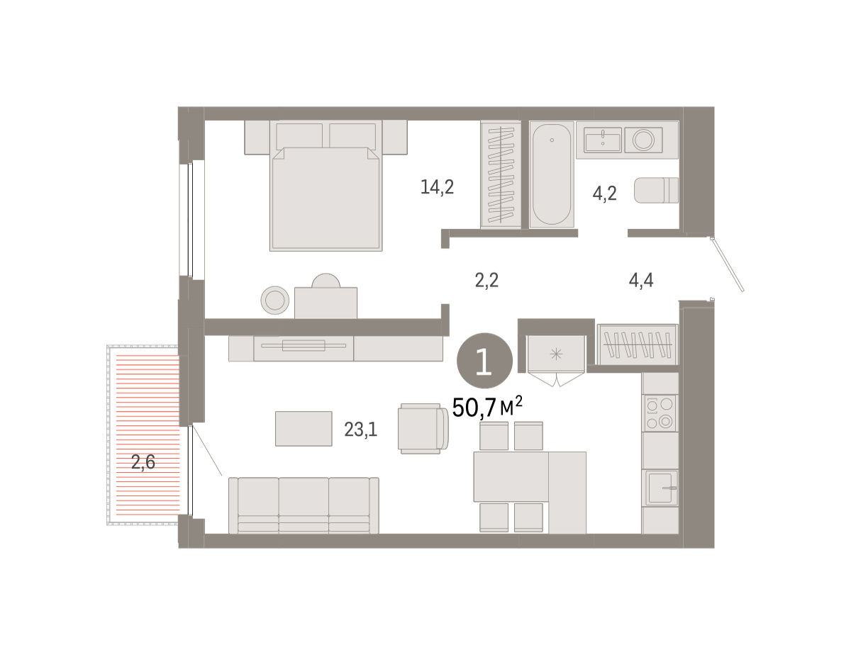 Планировка: Евродвушка 50.7 м² в ЖК Зарека, Заречный