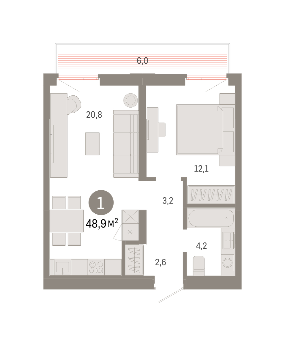Планировка: 1-комнатная 48.9 м² в ЖК Республики 205, Центр: КПД