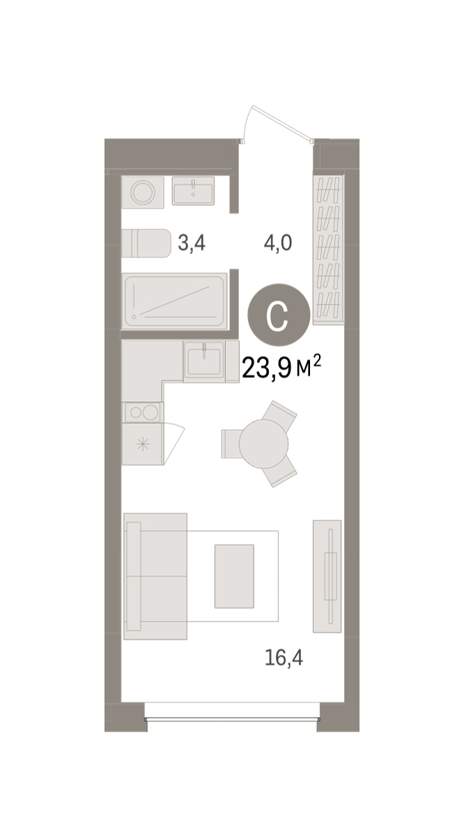 Планировка: Студия 23.9 м² в ЖК Дом у озера, Европейский