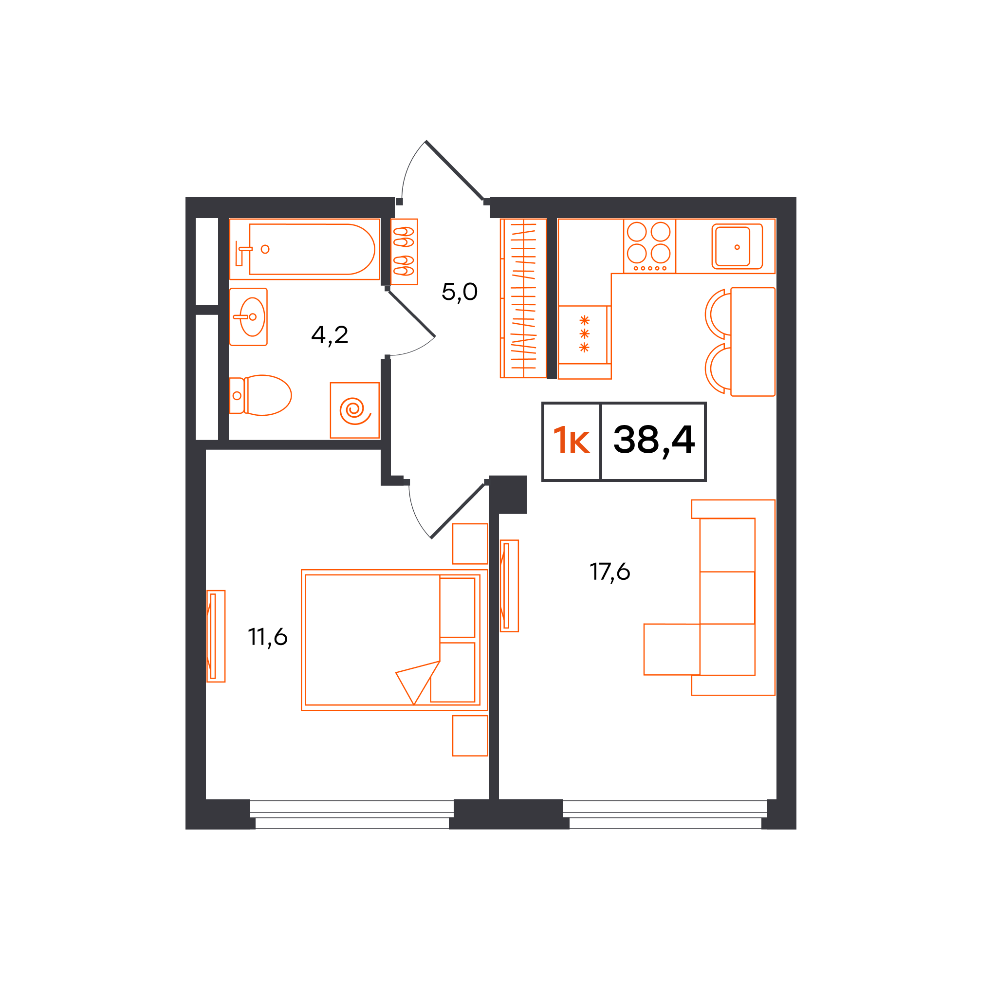 Планировка: Евродвушка 38.4 м² в ЖК Отличие, Комарово Парк