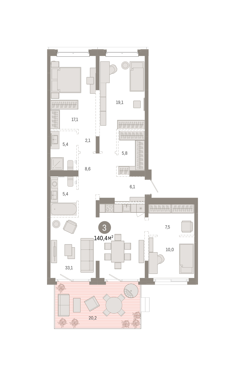 Планировка: 4-комнатная евро 140.4 м² в ЖК На Минской, Центр: Драмтеатр