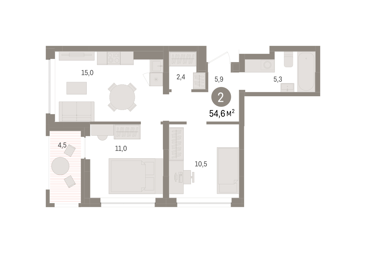 Планировка: Евротрешка 54.6 м² в ЖК Дом у озера, Европейский