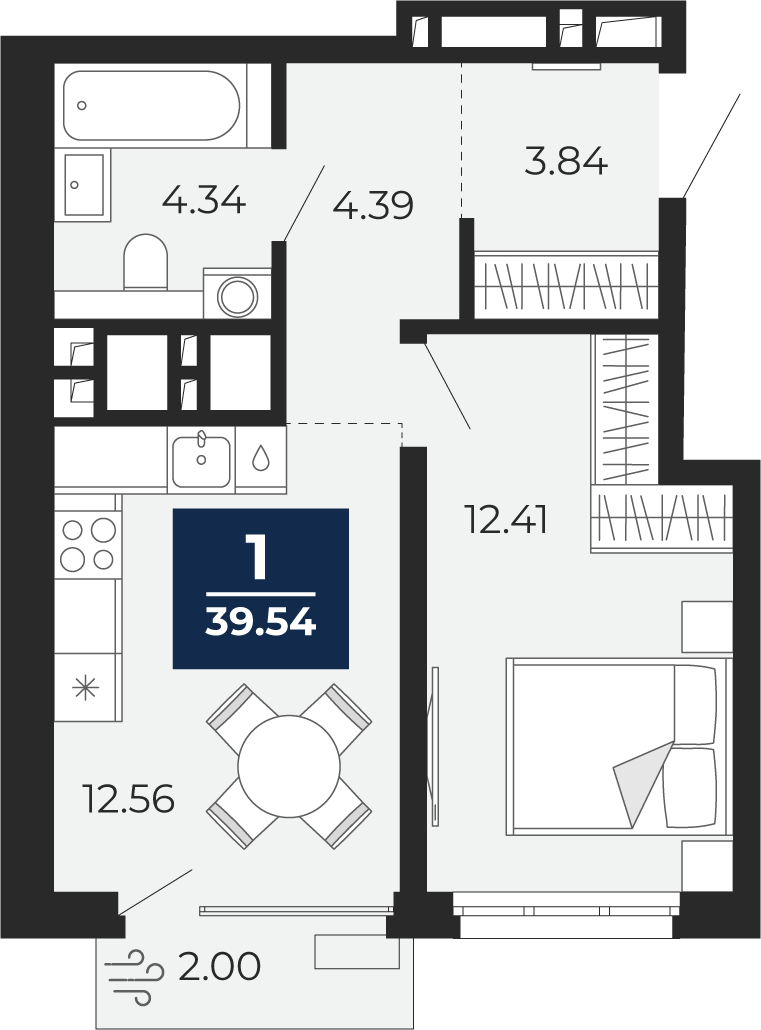 Планировка: 1-комнатная 37.5 м² в ЖК Беринг, Лесобаза