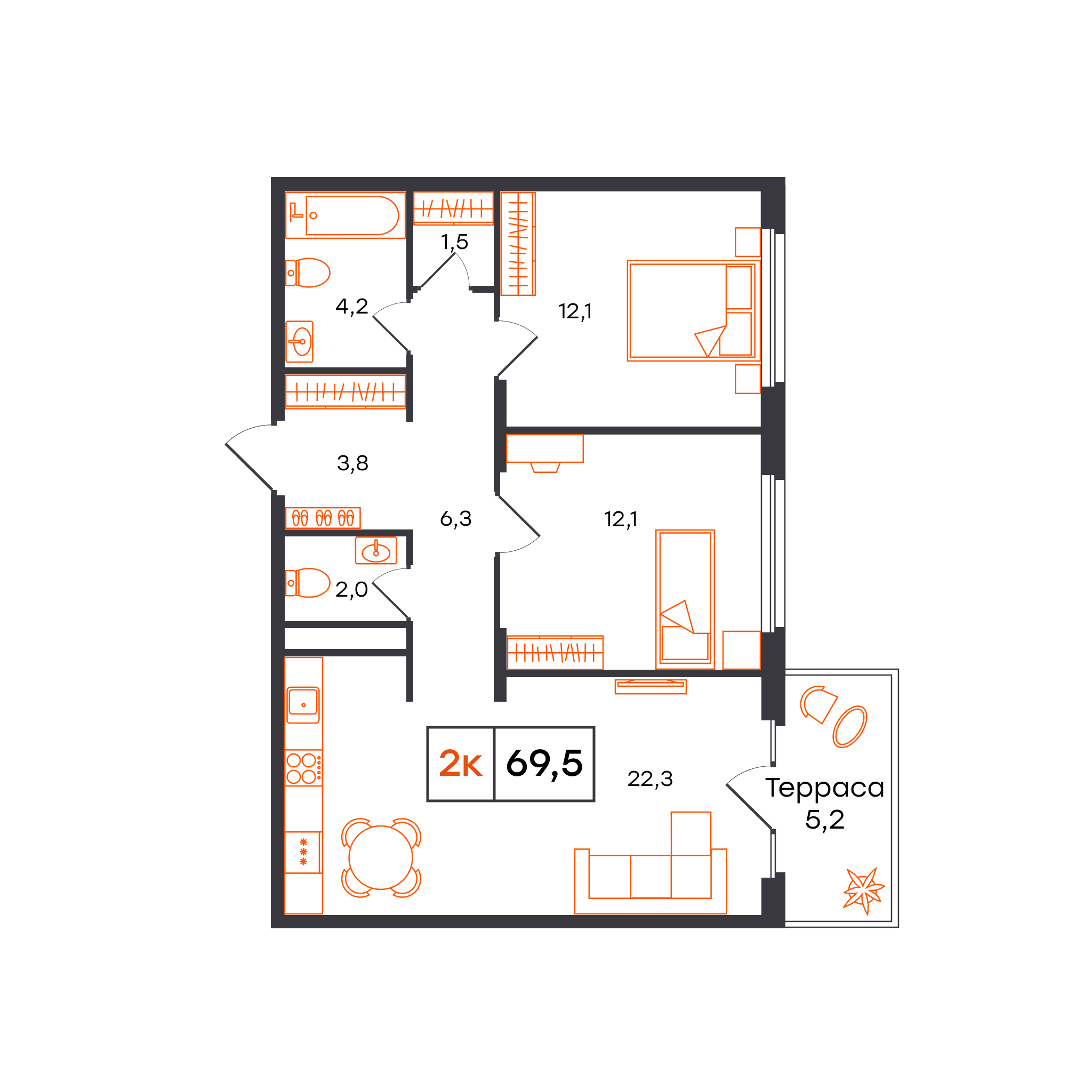 Планировка: Евротрешка 69.5 м² в ЖК Отличие, Комарово Парк