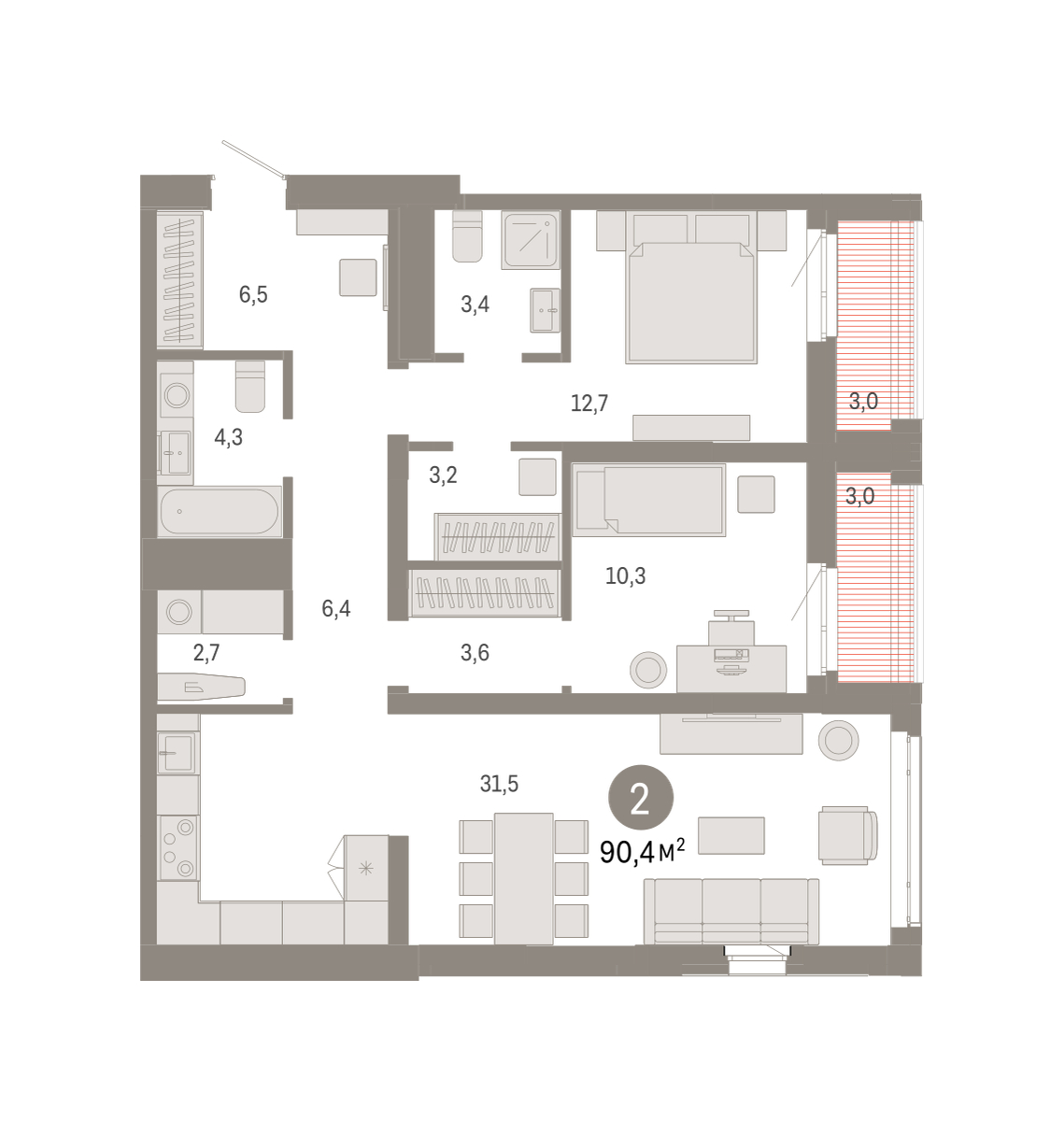 Планировка: Евротрешка 90.4 м² в ЖК Республики 205, Центр: КПД